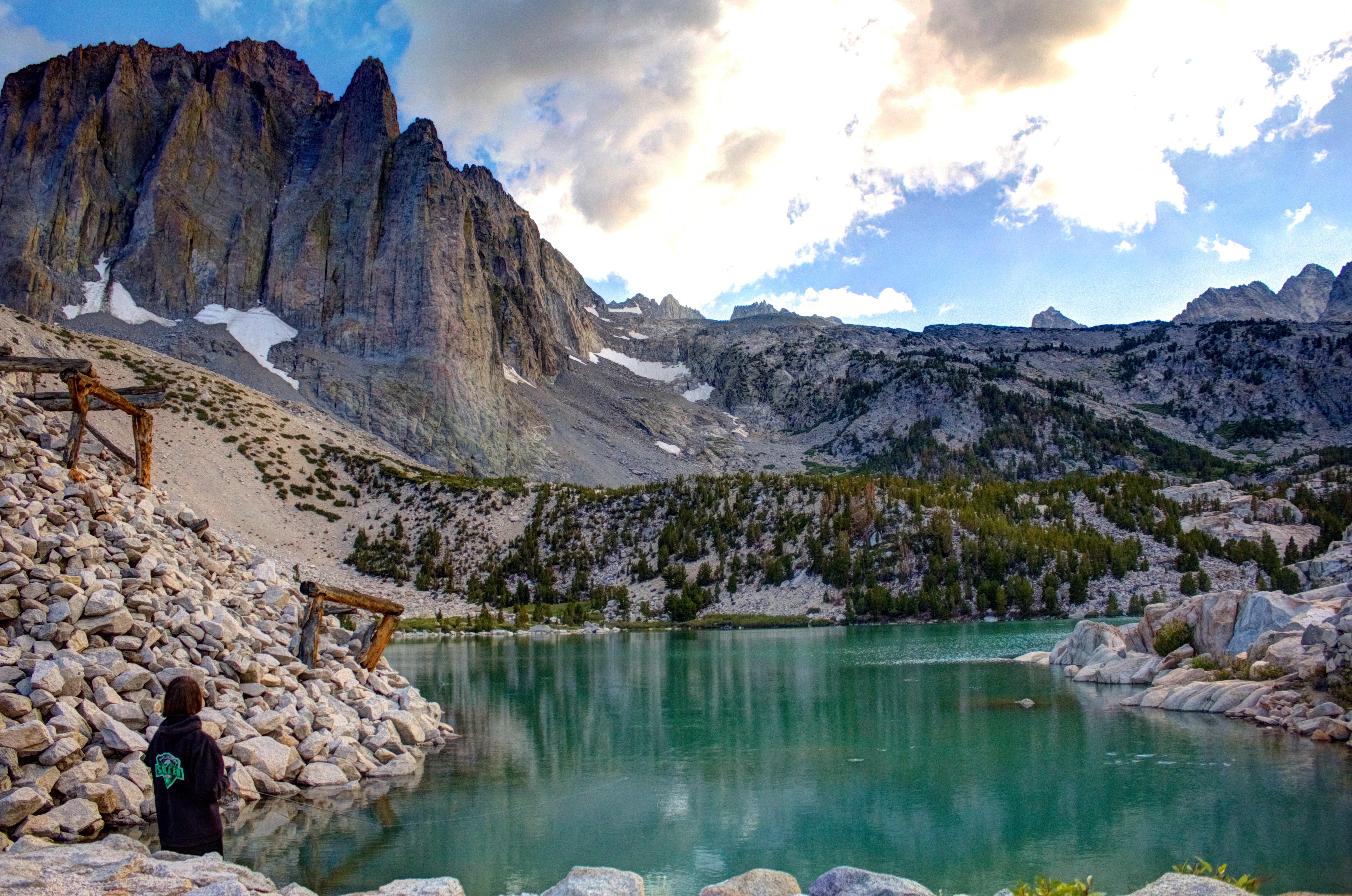 My son, fishing at 2nd Lake in the Big Pine Lakes loop hike, West of