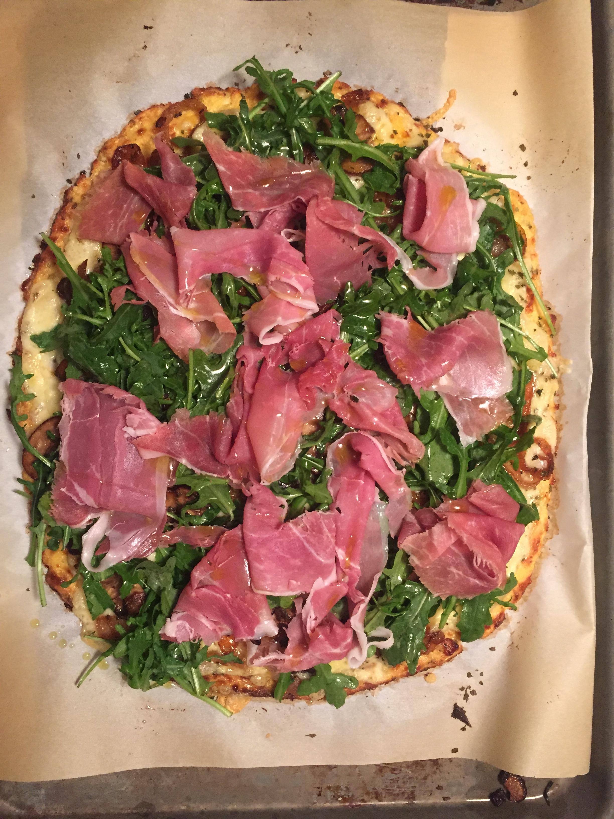 Keto/Cauliflower Crust Pizza w/ Sauteed Mushrooms & Onions, Fontina