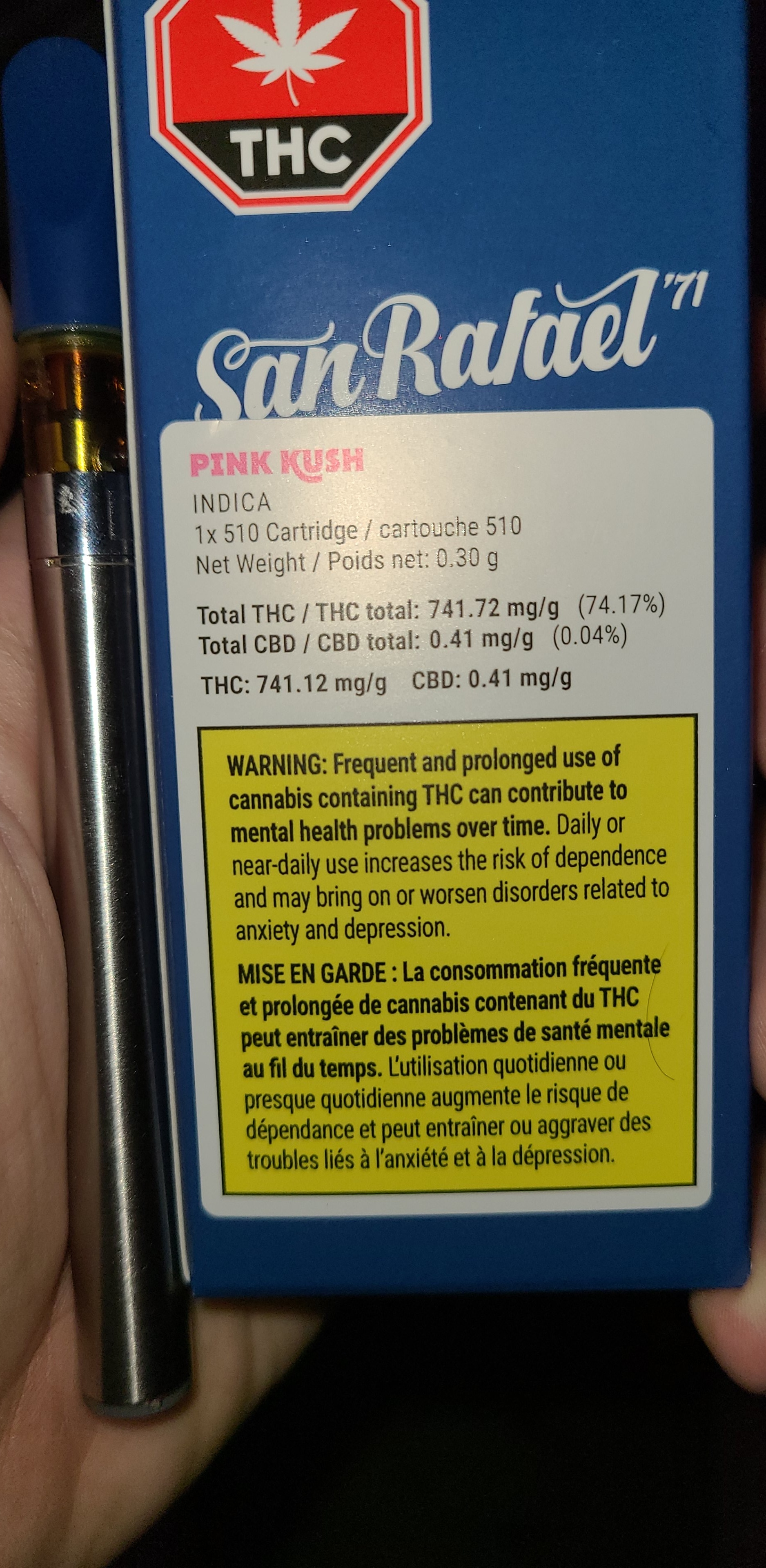 Pink kush CO2 oil cartridge by San Rafael '71 74.14 THC ocs online