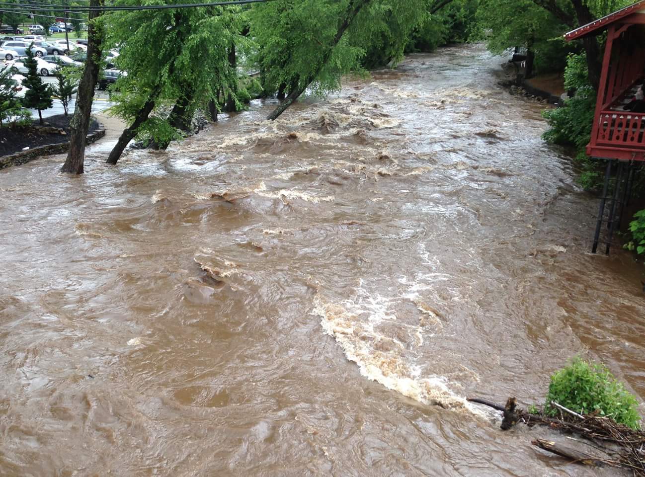 Flooding in Helen, all lower parking lots and buildings flooded