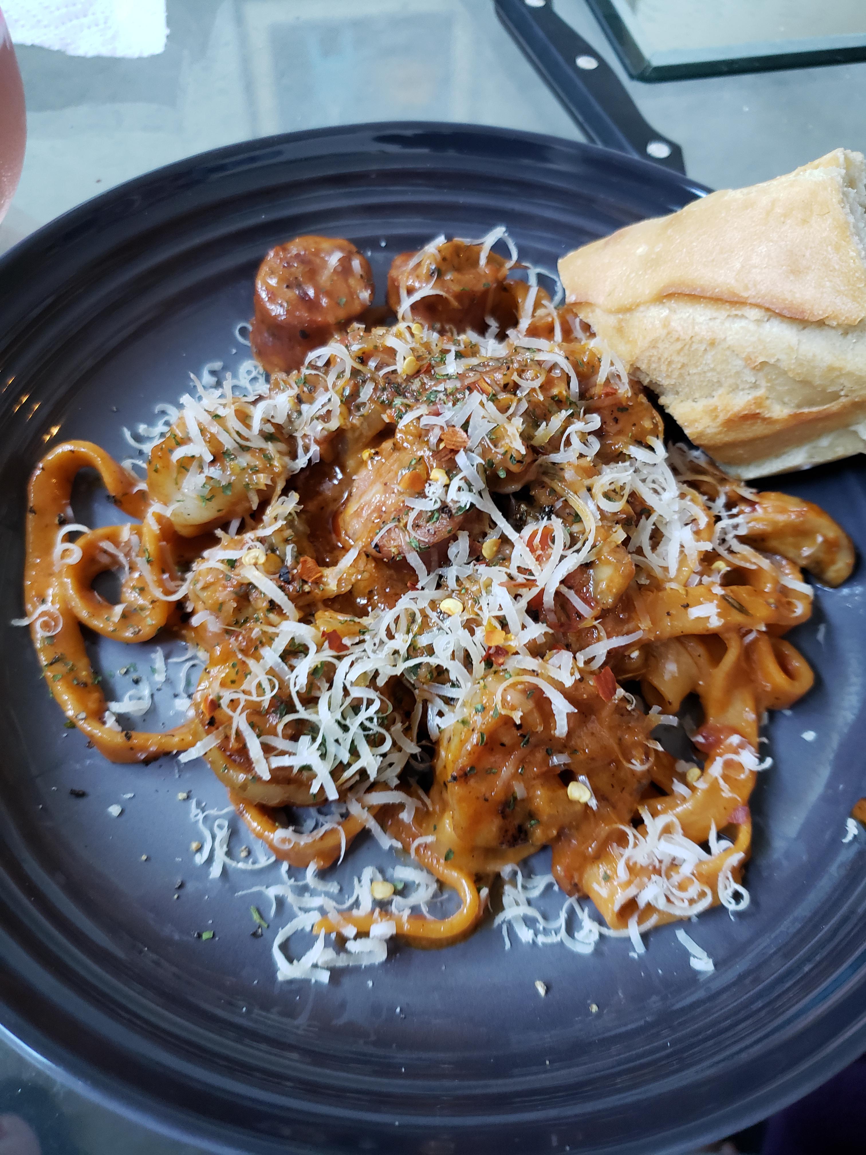 Creamy cajun blackened shrimp and andouille sausage pasta with roasted