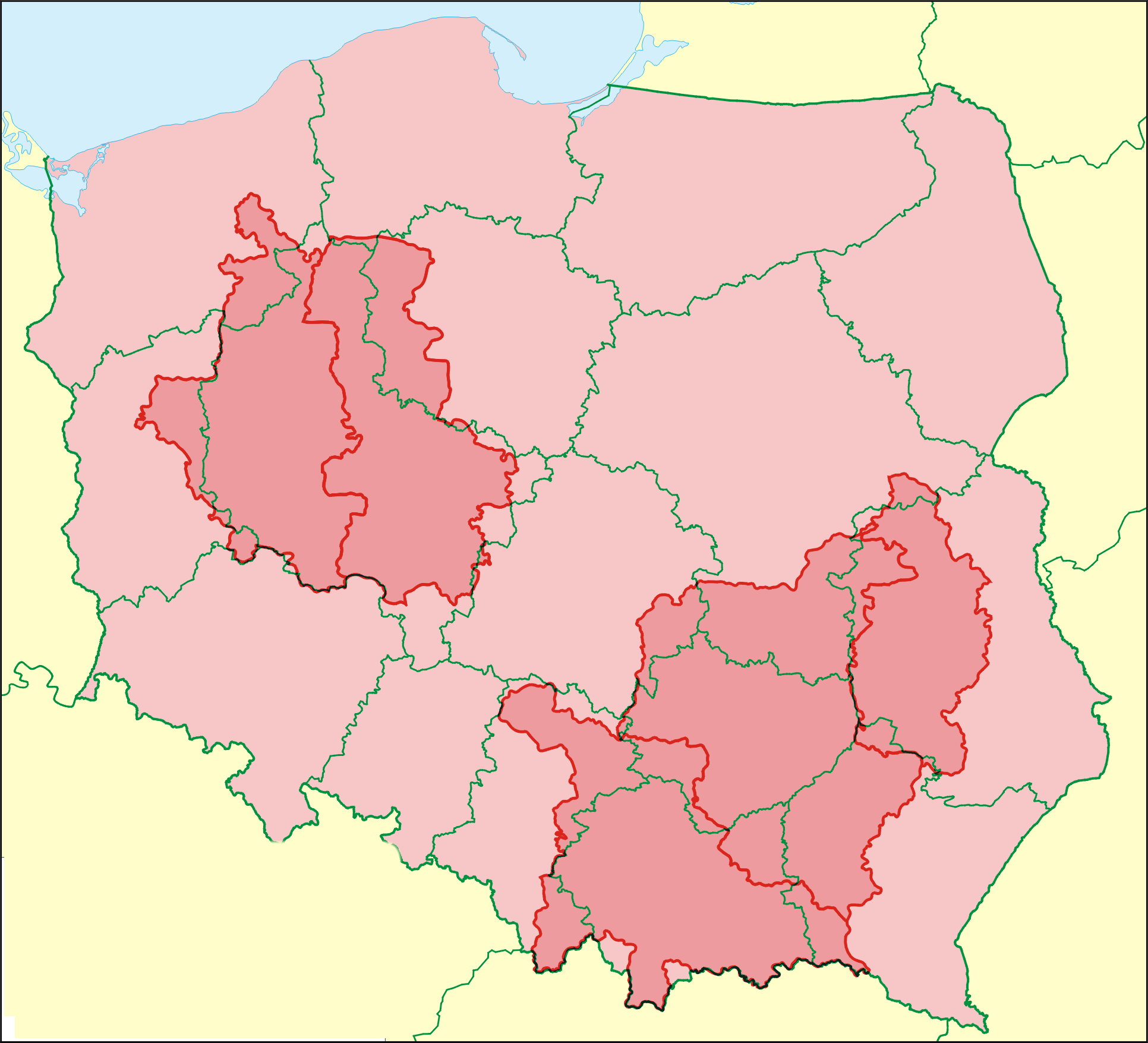Historical borders of Greater Poland (left) and Lesser Poland (bottom