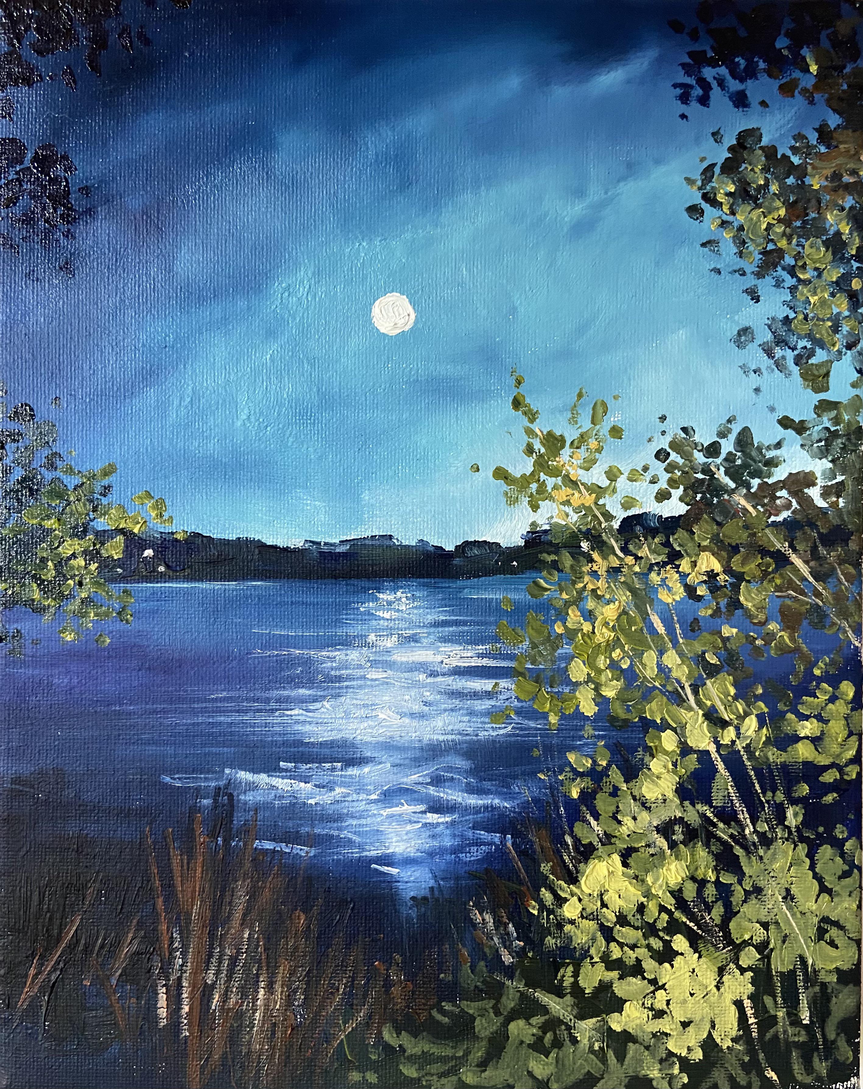 ‘Moonrise Pleasant Lake Alexander, ME’ 10x8” oil on canvas. Painted last night! r/Maine