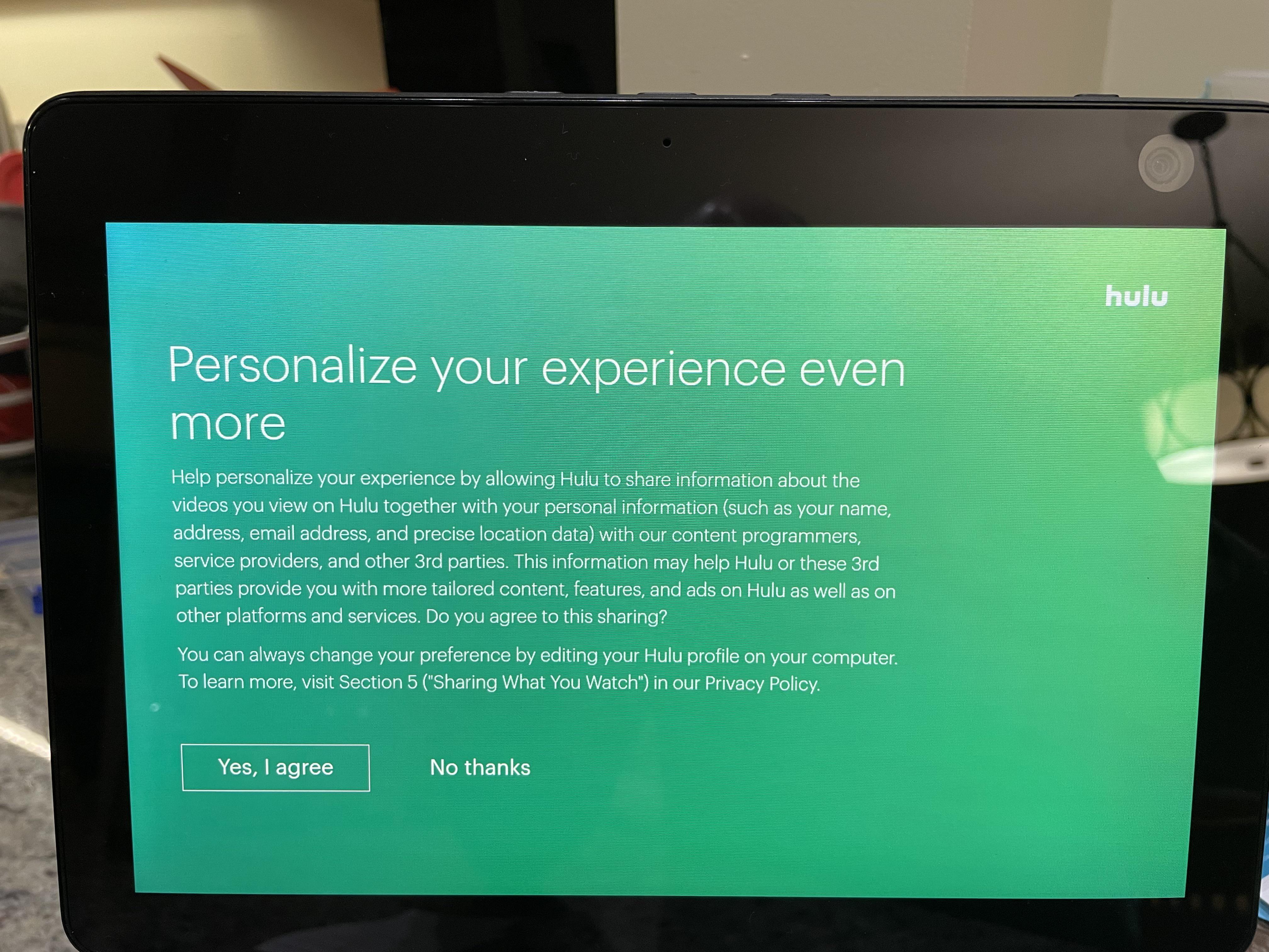 Anyone have this problem on an Echo Show? I say “watch NBC on Hulu” and I get this screen. I can