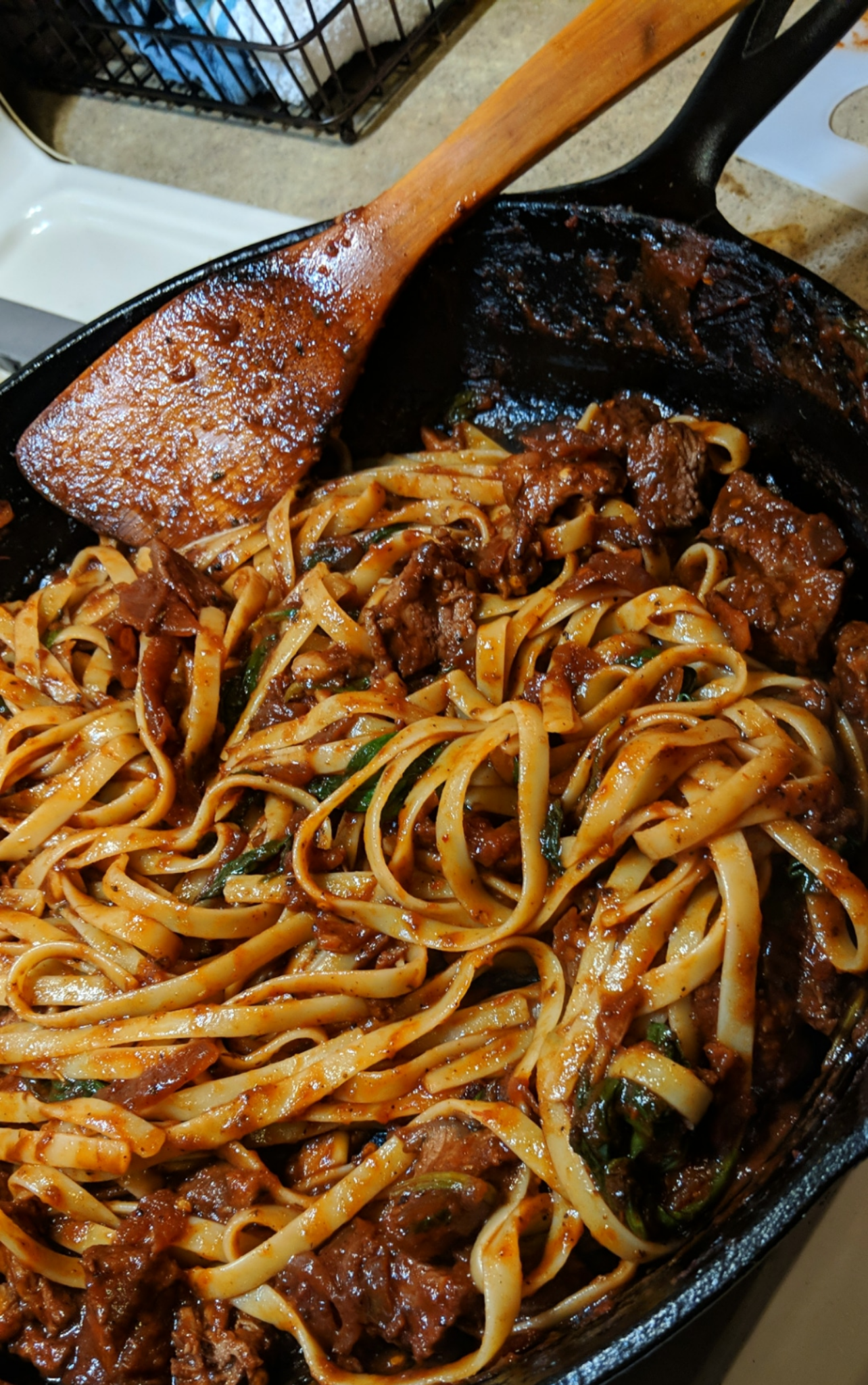 Fettuccine w/ lamb loin in a red wine pasta sauce r/castiron
