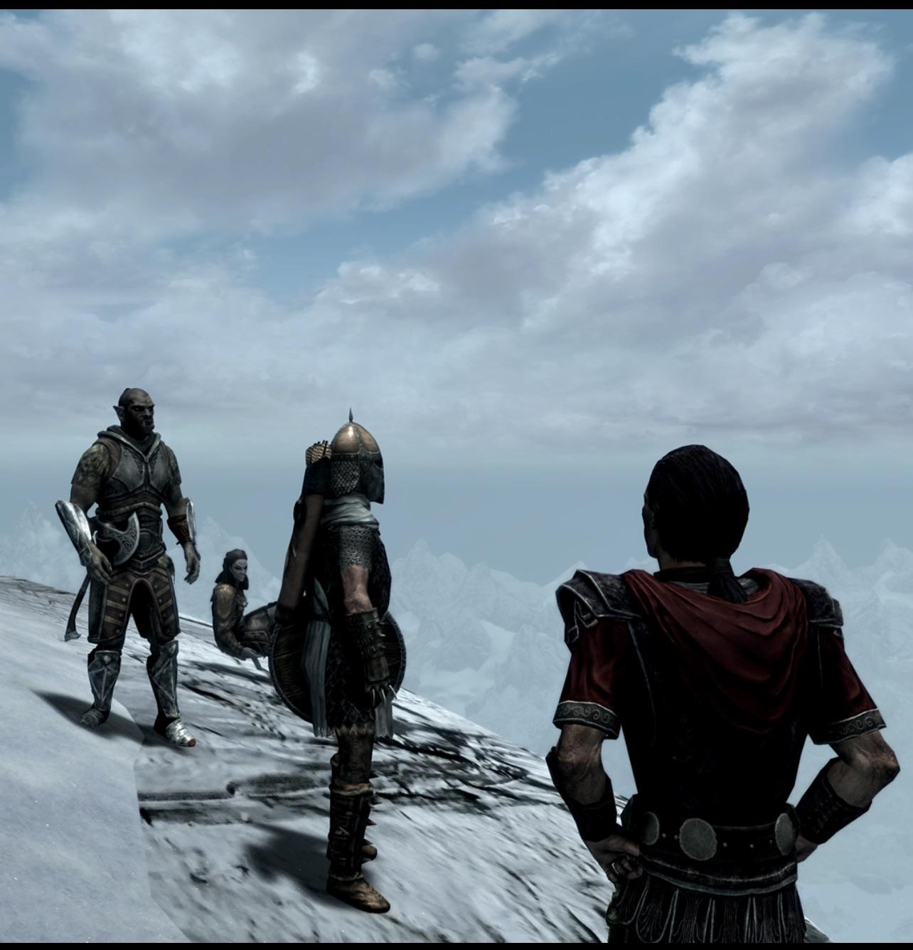 A dark elf, an orc, an Imperial and a Stormcloak climb to the Throat of