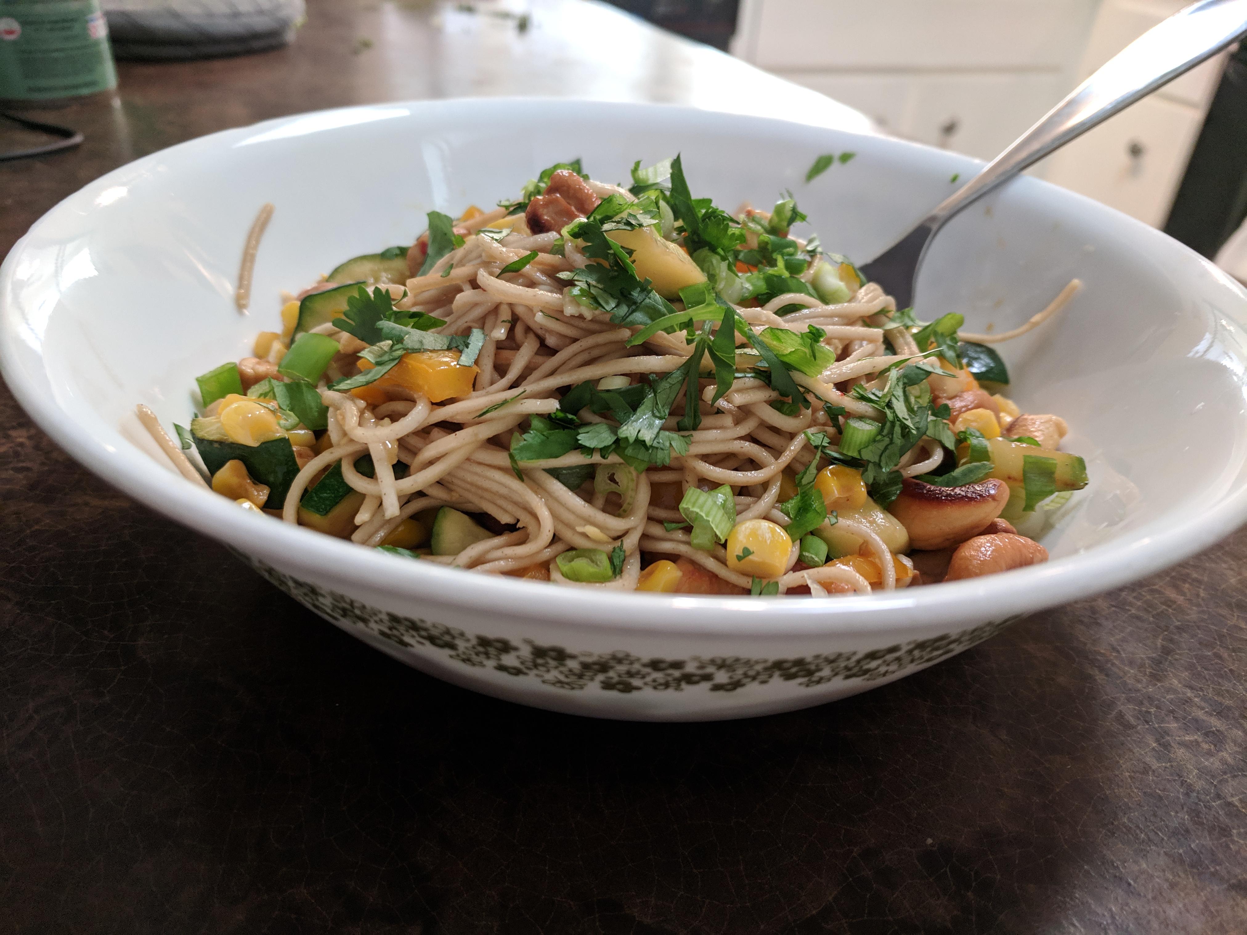450 calories. Soba noodles with fresh ginger, orange bell pepper