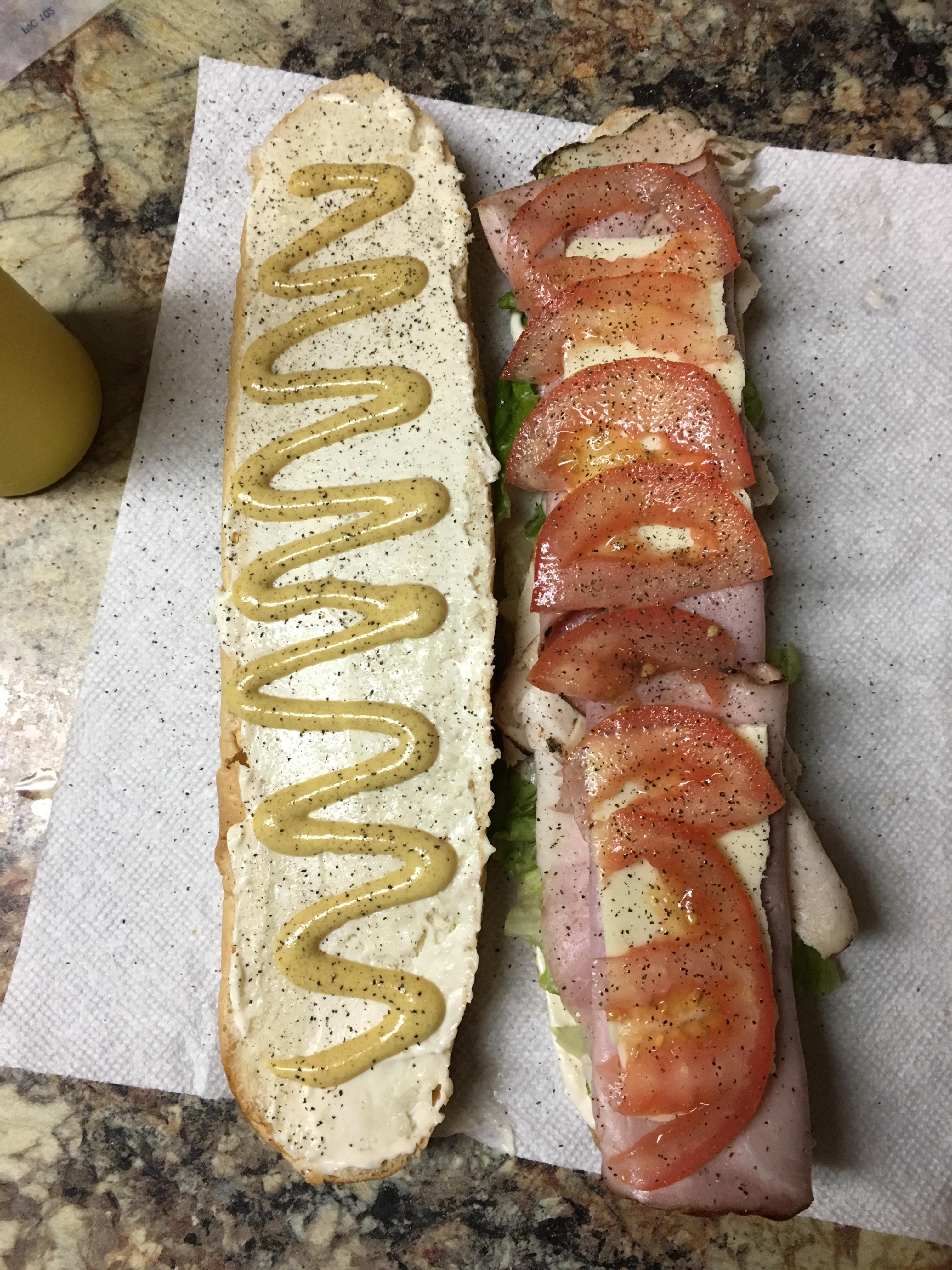 Turkey, ham, American, lettuce, tomato, mayo, Dijon, s&p, on a buttered