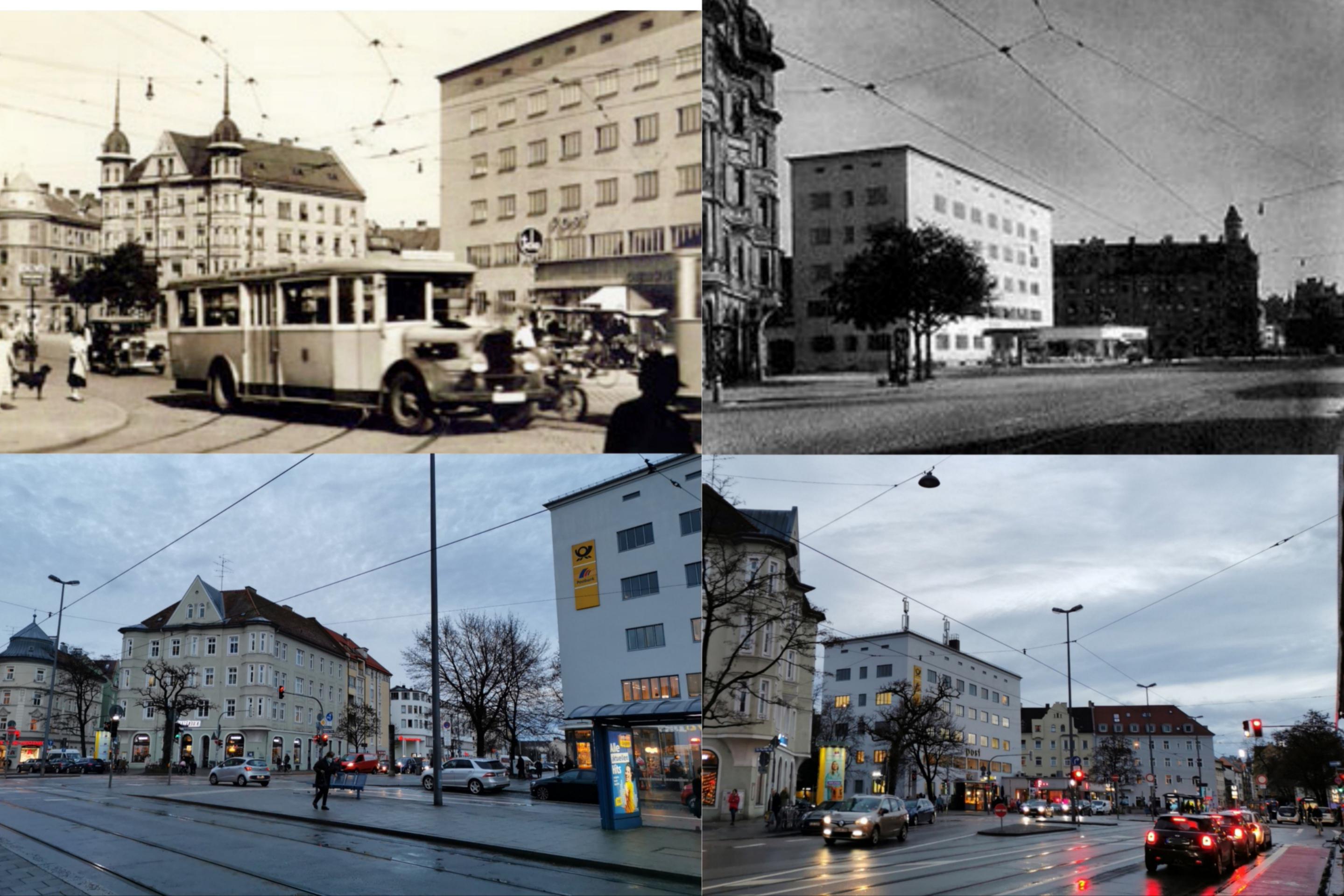 Post office at Tegernseer Landstraße and surroundings, Munich, Germany (Around 1930 and today