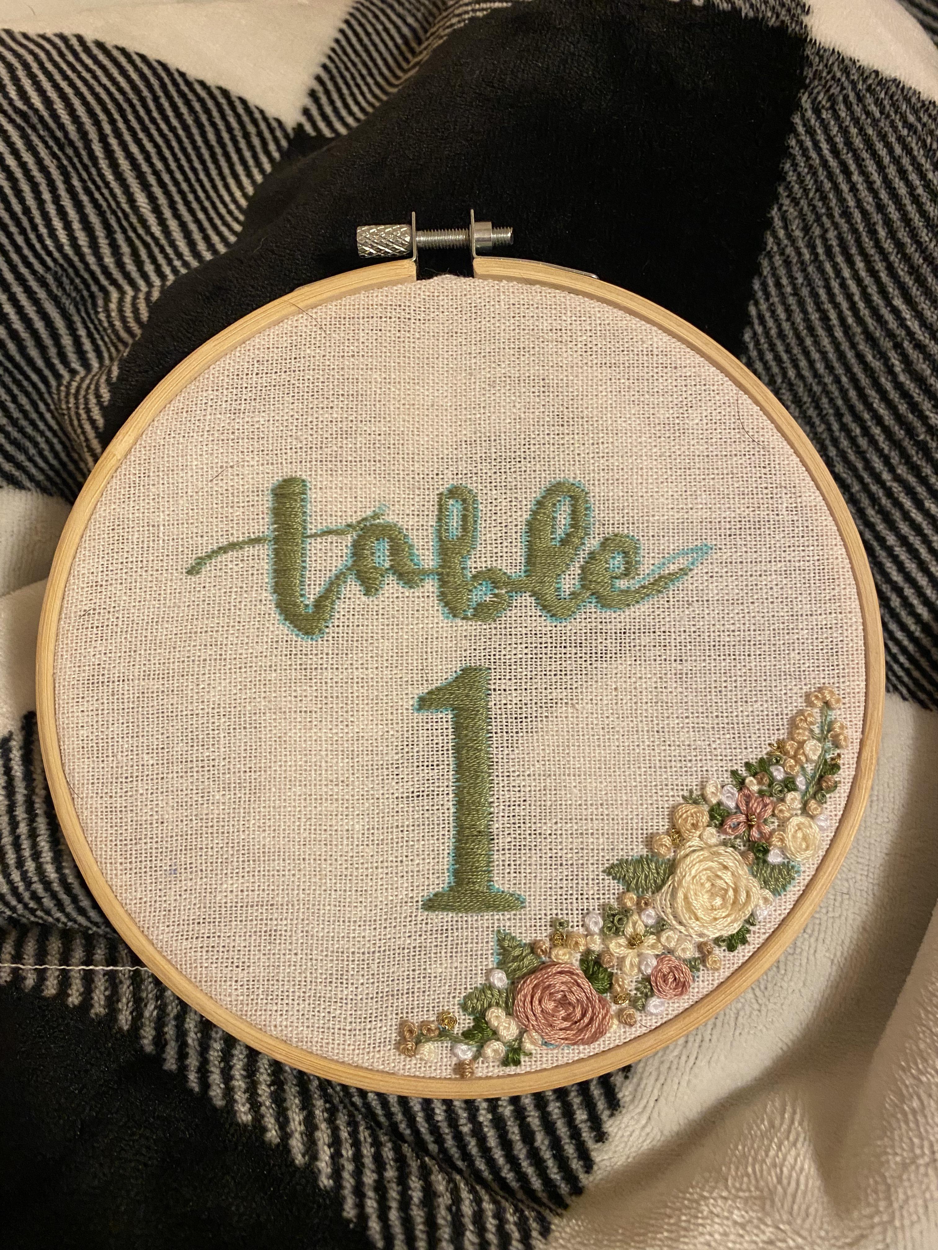 Decided to try embroidered table numbers for my wedding. This is the