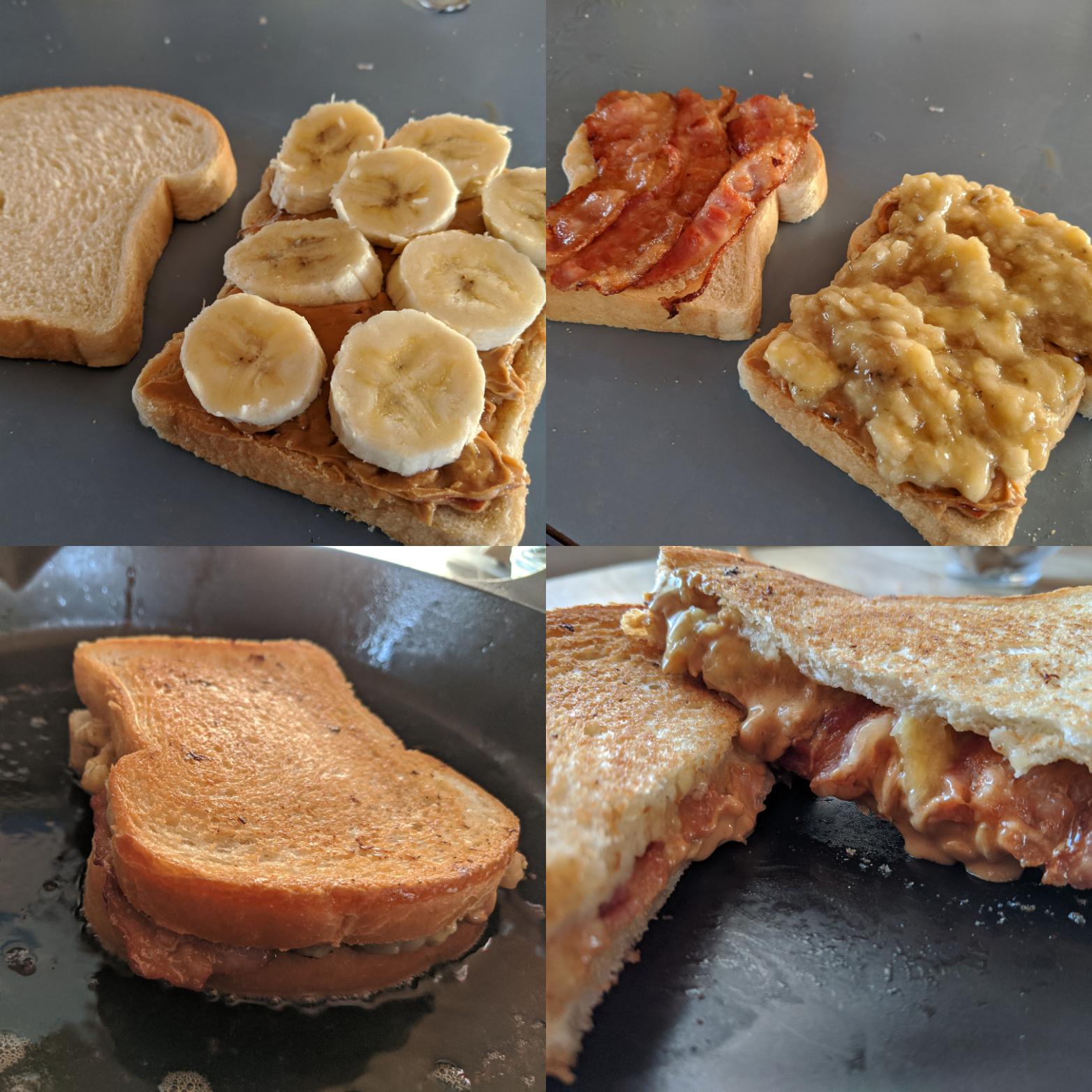 Elvis Sandwich. Peanut butter, mashed banana, and bacon, fried in bacon