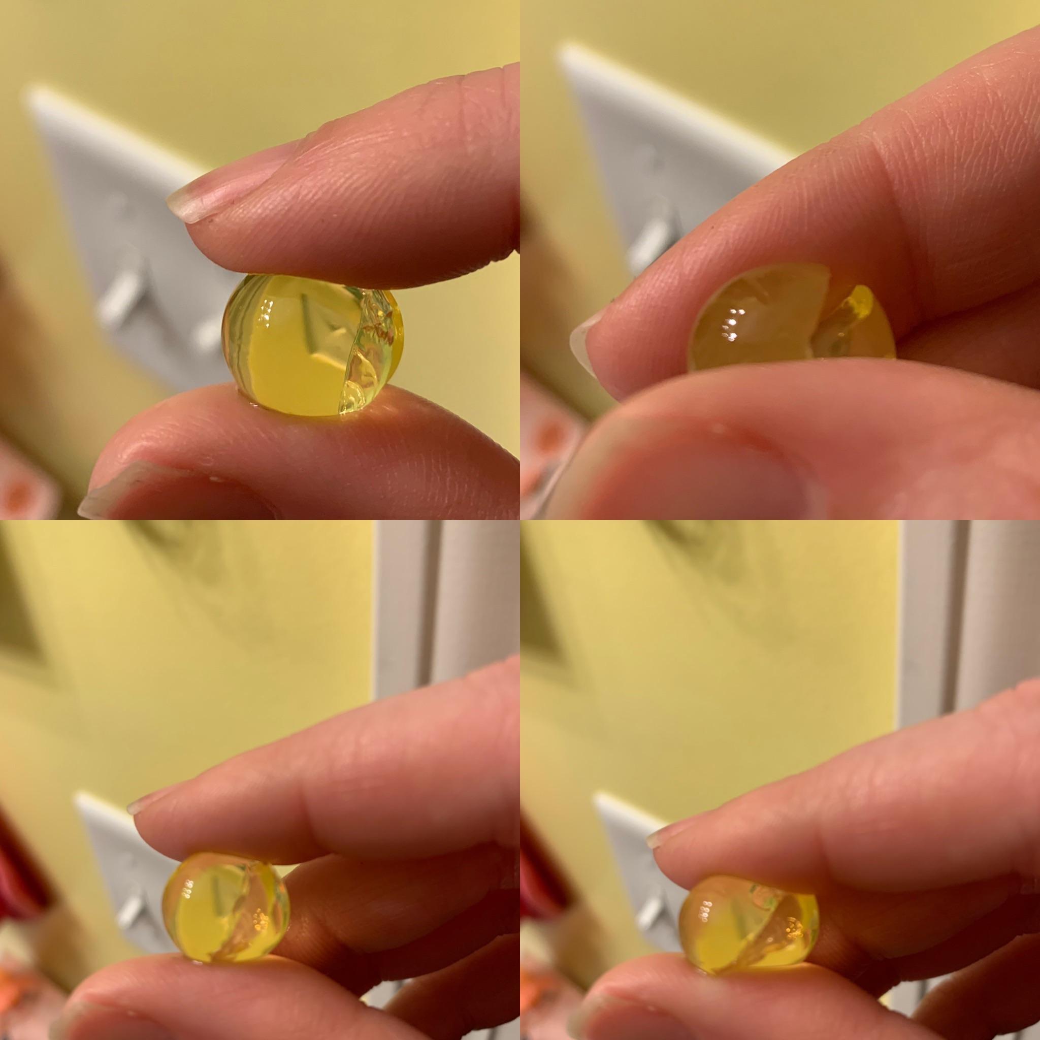 Found in my dogs water bowl. It’s firm but “bouncy” and started to crack when I squeezed it too