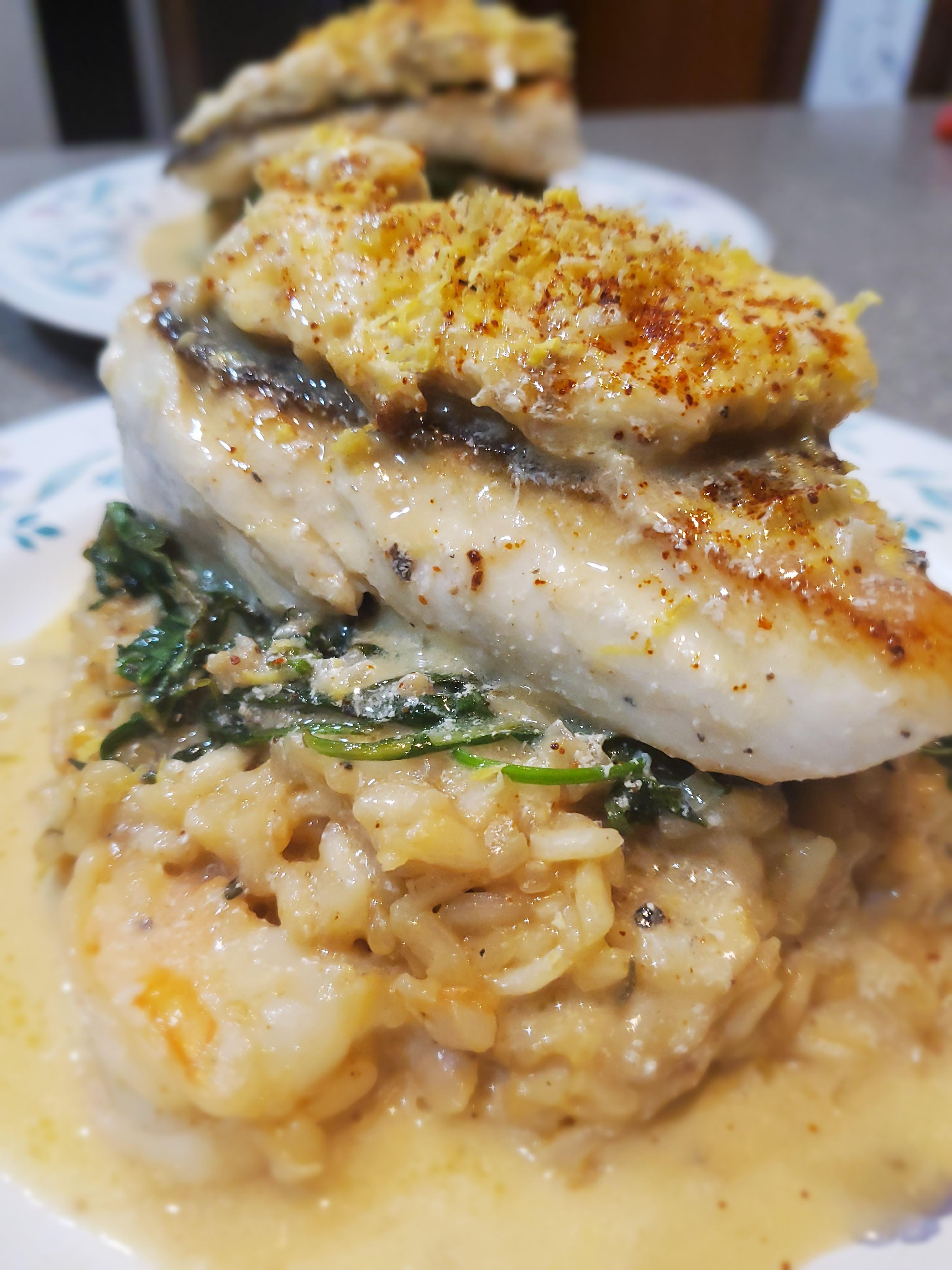 [Homemade] Panseared Halibut over spicy shrimp risotto and sauteed arugula topped with egg