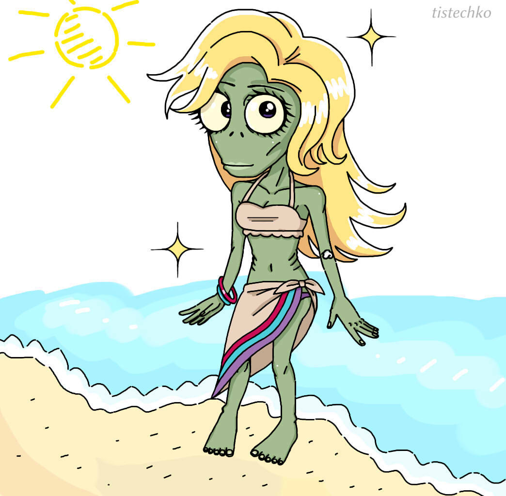 drawing of glitter zombie in swimsuit(well or in big wave beach style