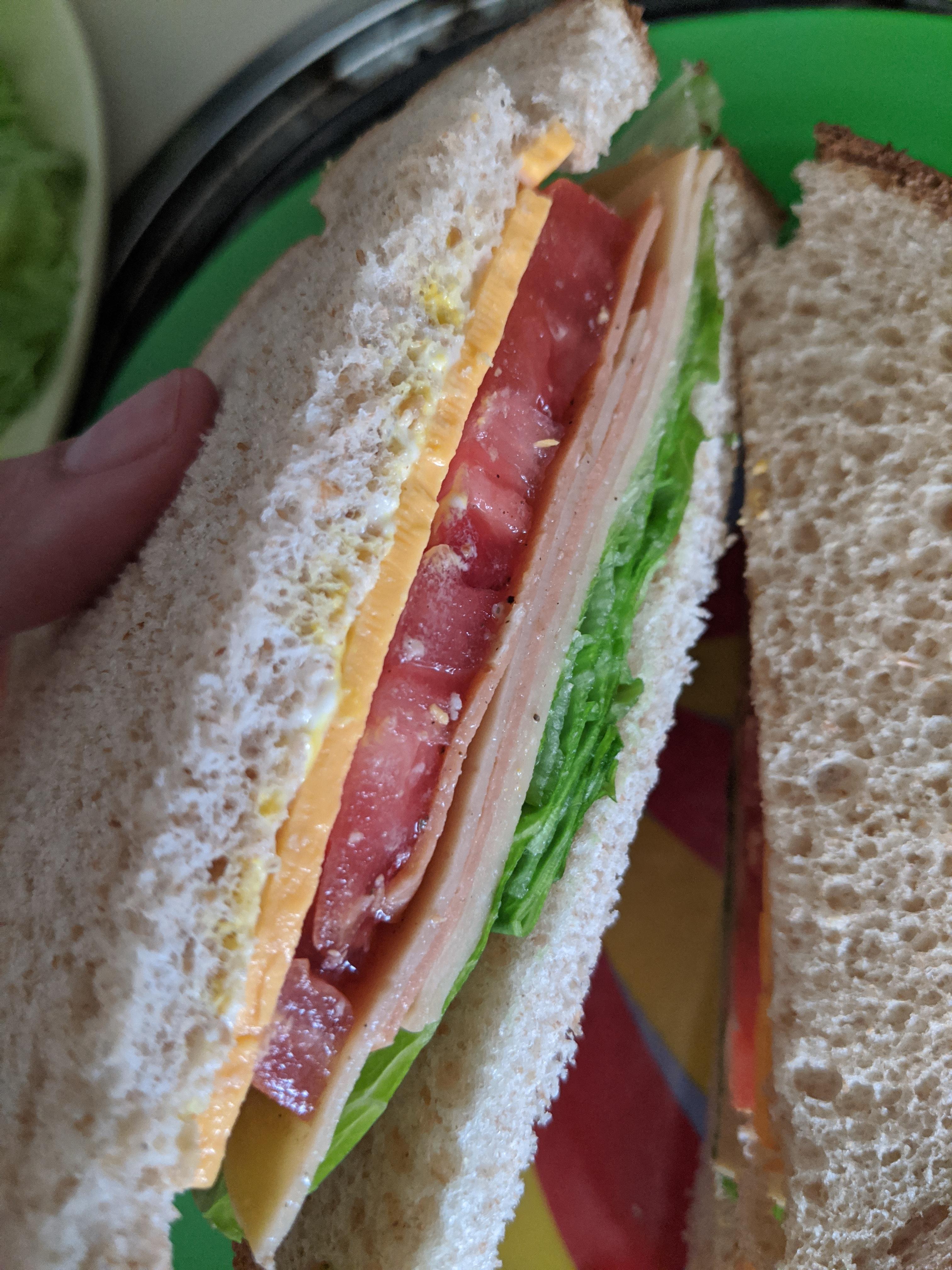 266 cals. Fortyfive calorie bread, Yves meat slices (five slices is 80