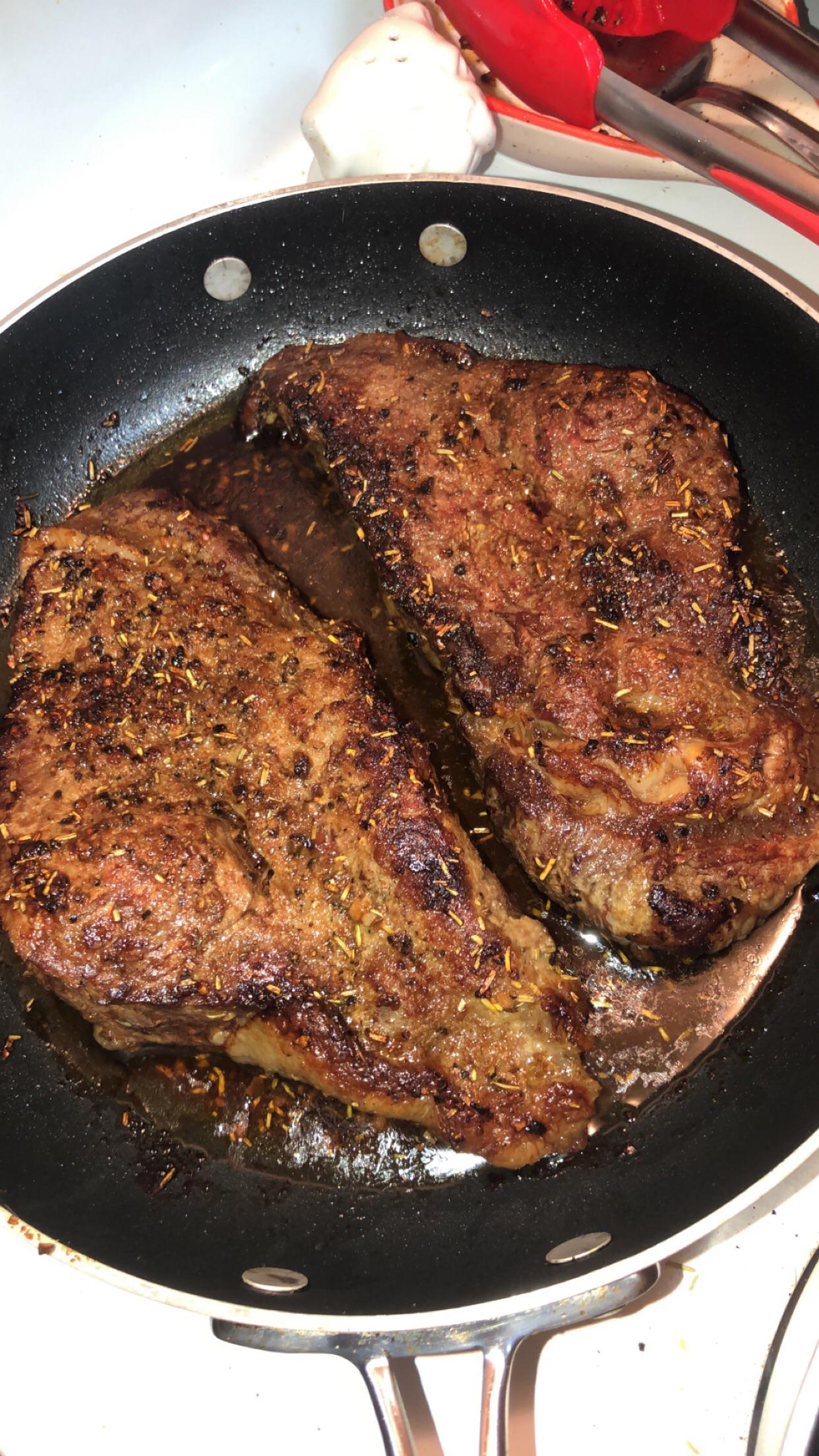 Seared ribeye steaks finished off in the oven. r/FoodPorn
