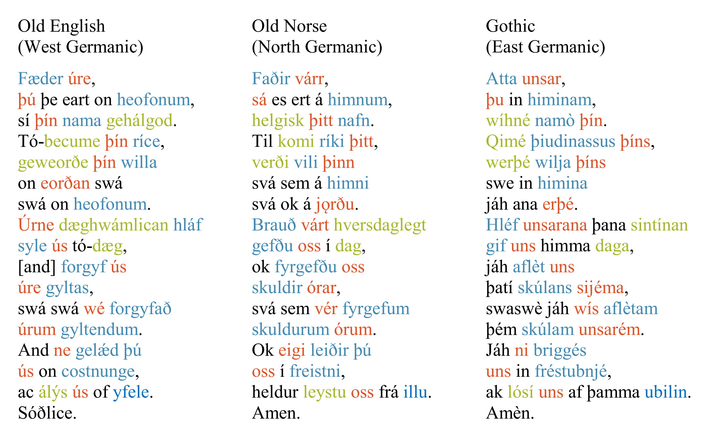 I made this comparison of the Lord's Prayer in older Germanic languages