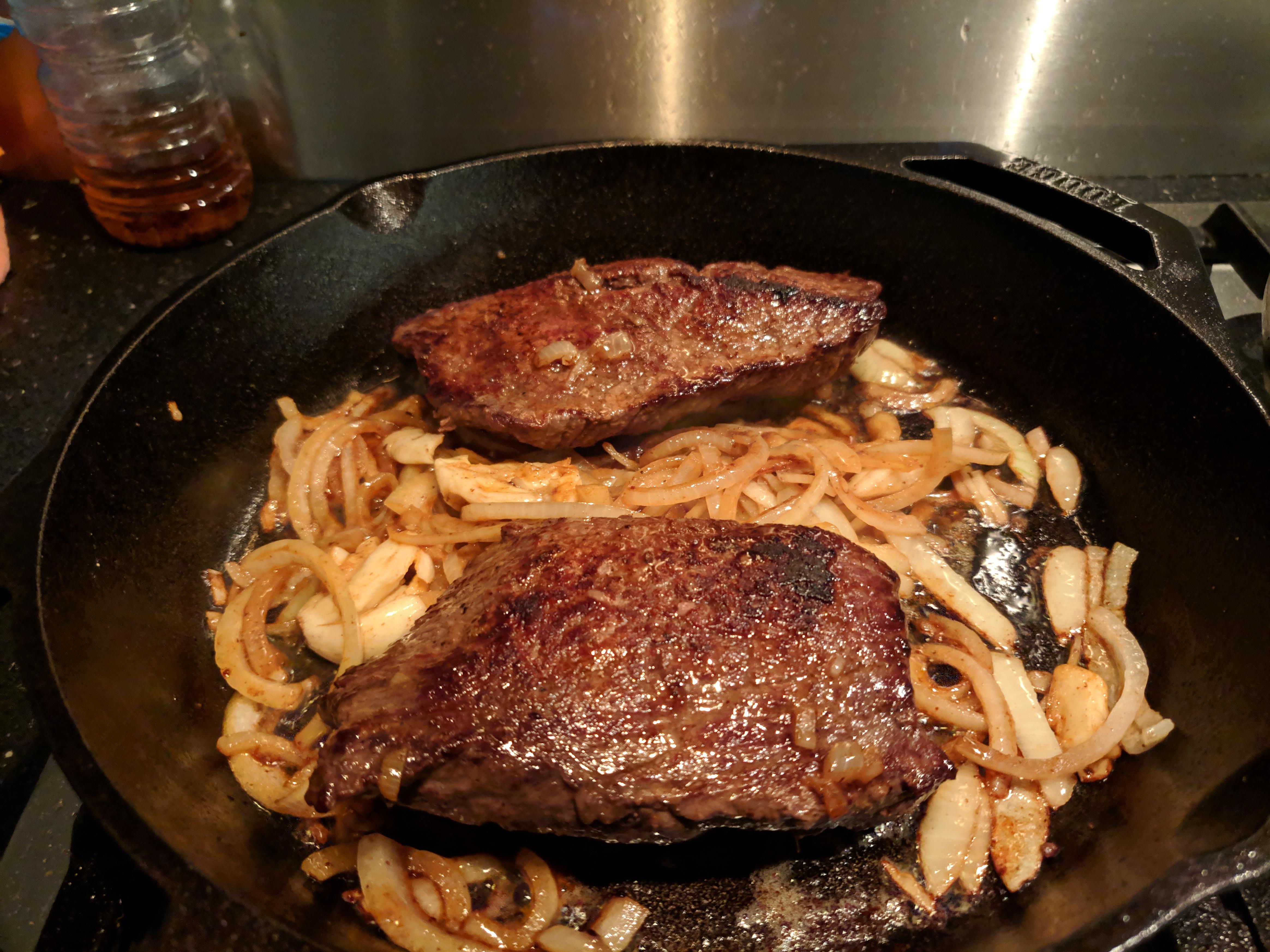 Horse steaks in my lodge. Just added onions and garlic in the end. r