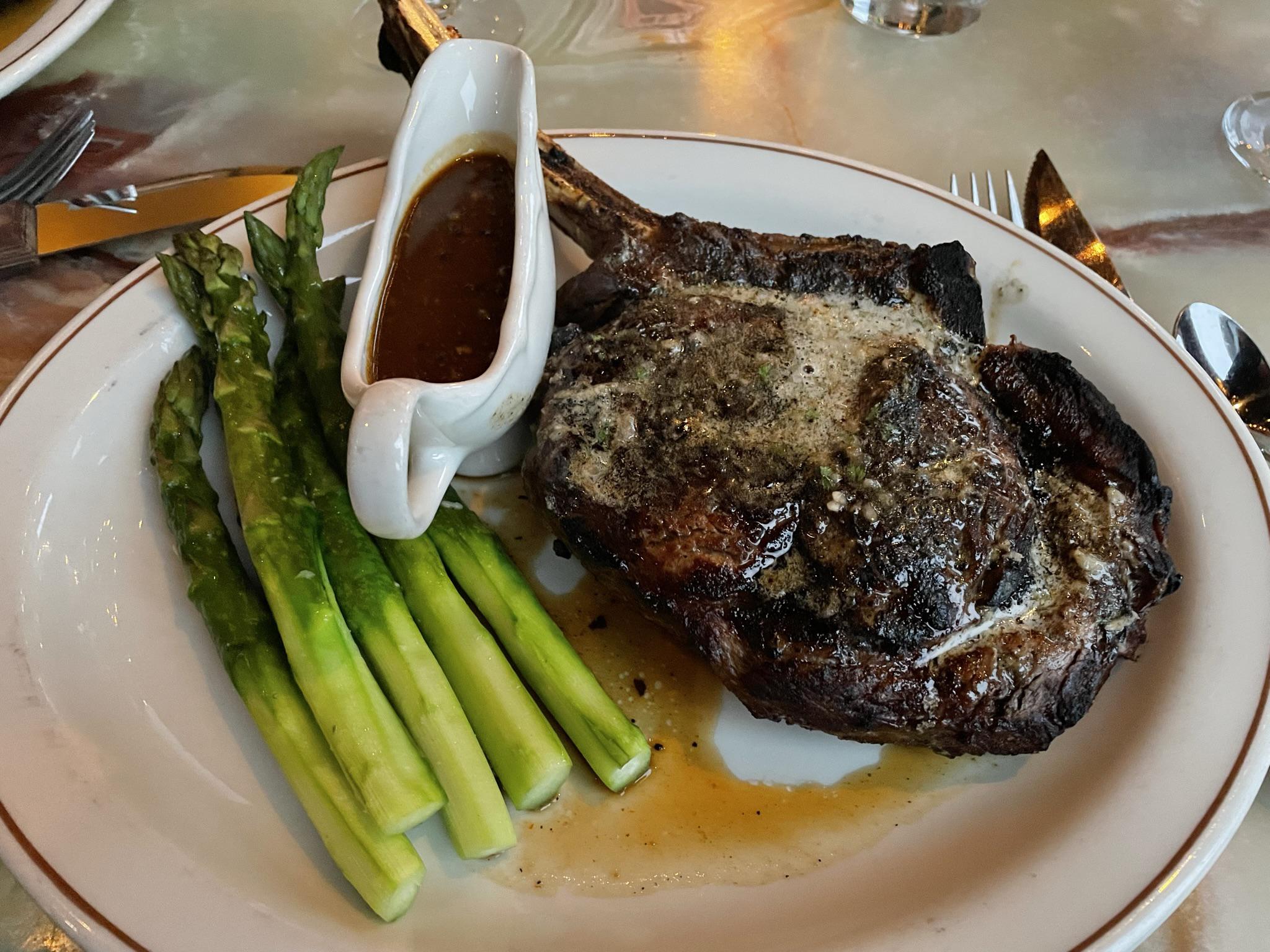 Rib Eye Steak with Peppercorn Brandy Sauce & Asparagus from Daniel's