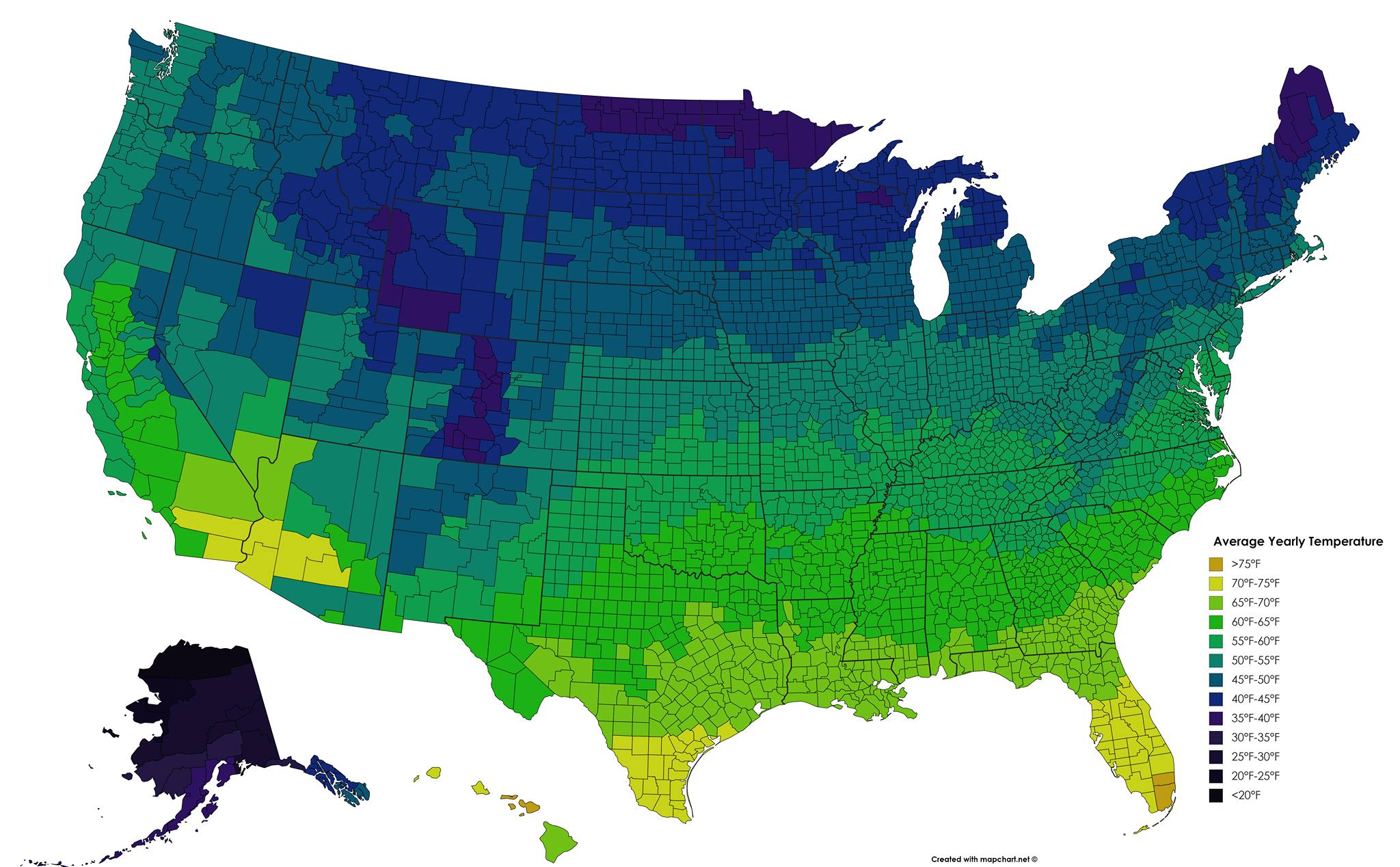 Average yearly temperature in the US by county r/MapPorn