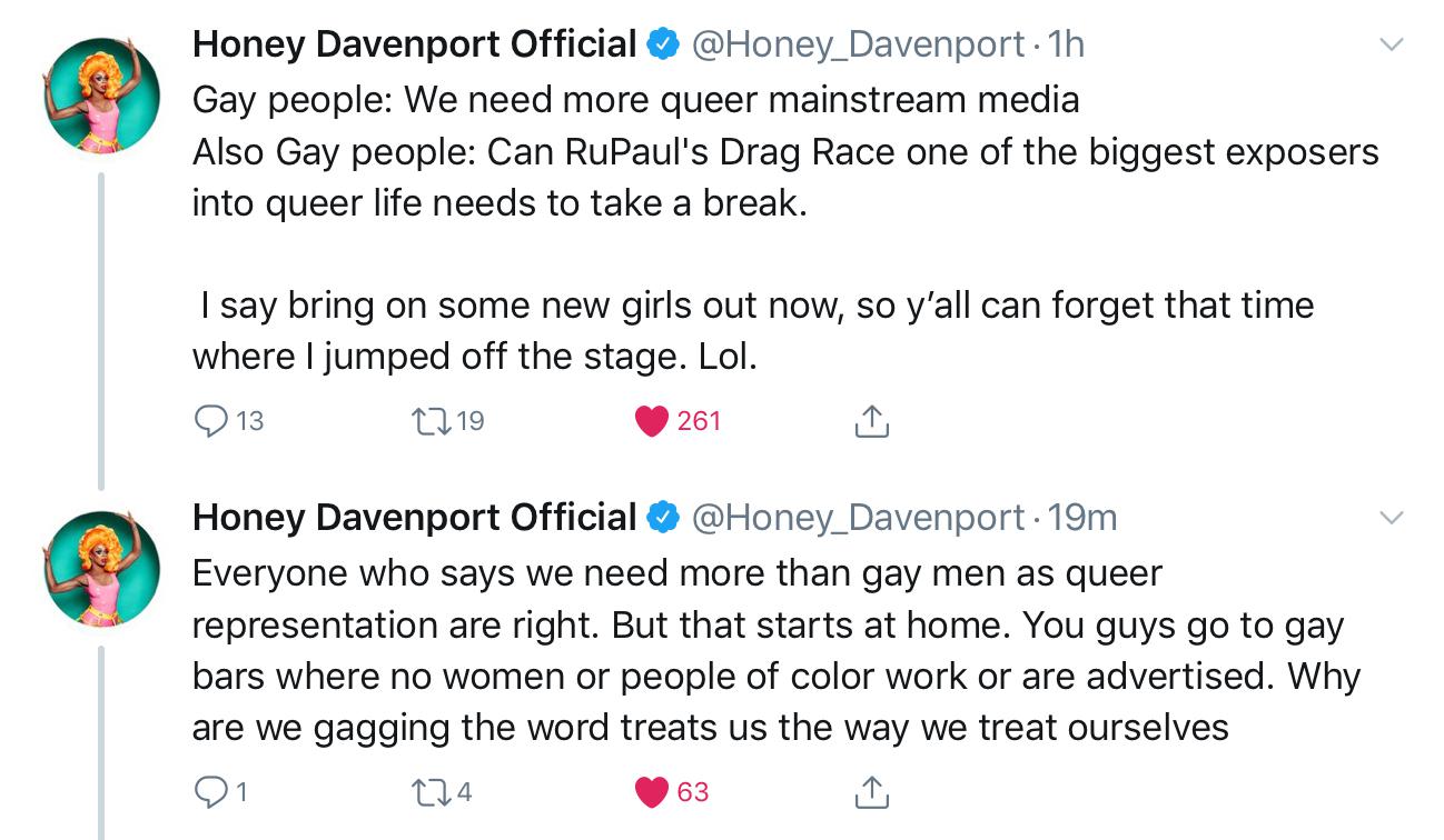 Honey Davenport has some interesting thoughts on queer media and people