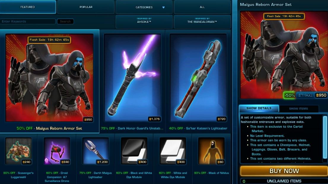Flash Sale for May 11th, 2024 Malgus Reborn Armor Set, 950CCs r/swtor