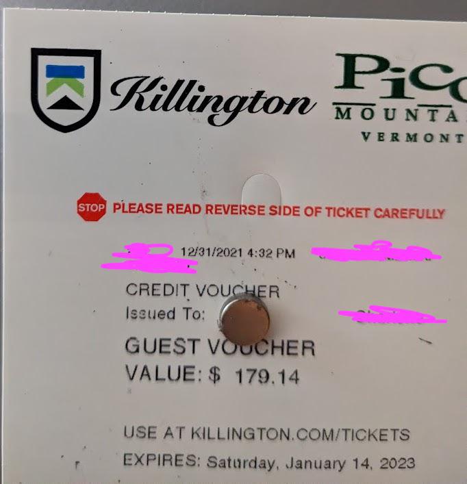 For Sale 179.14 value Lift ticket voucher for Killington/Pico 140