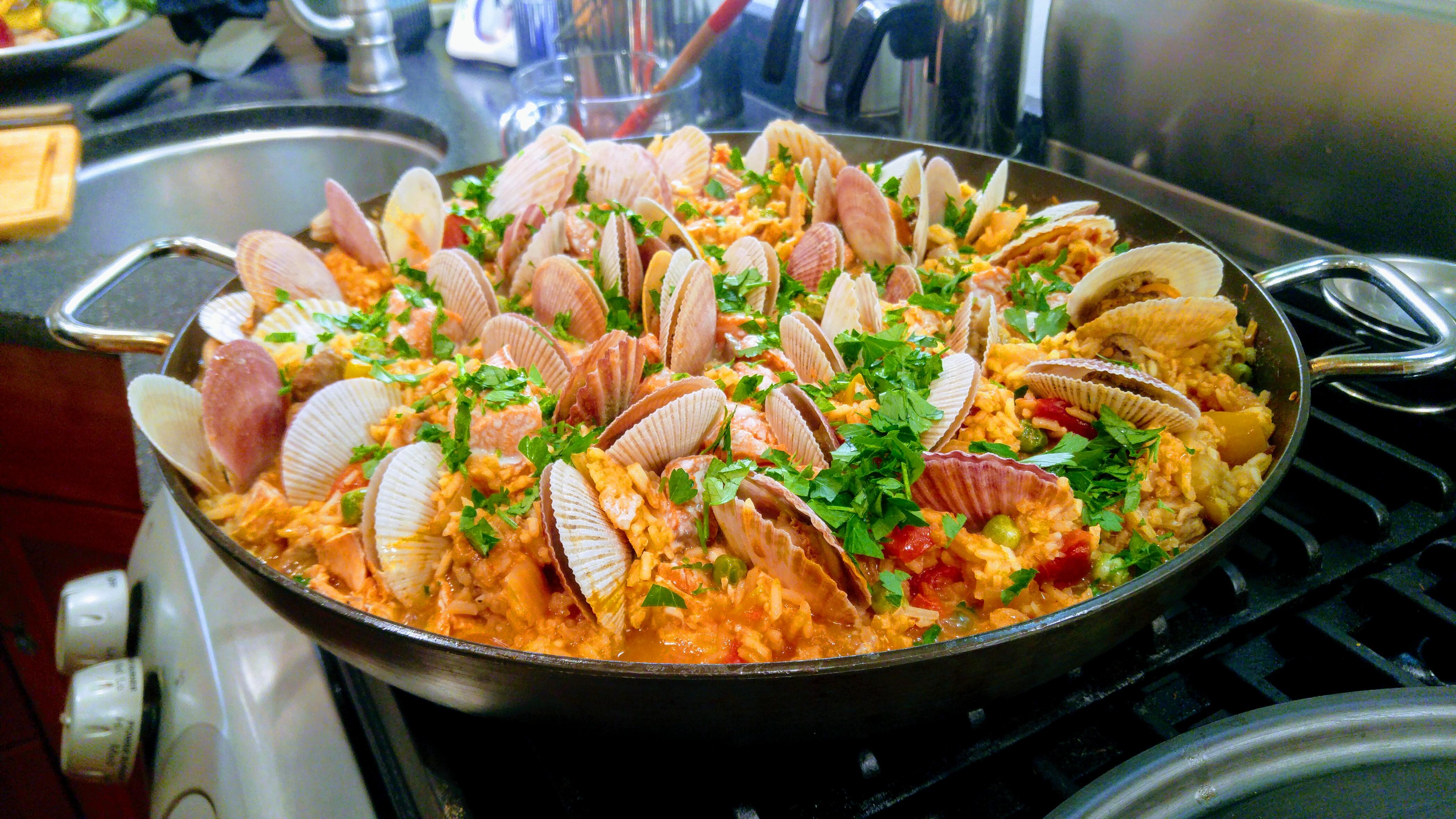 [Homemade] Paella with swimming scallops, moose chorizo, sockeye salmon