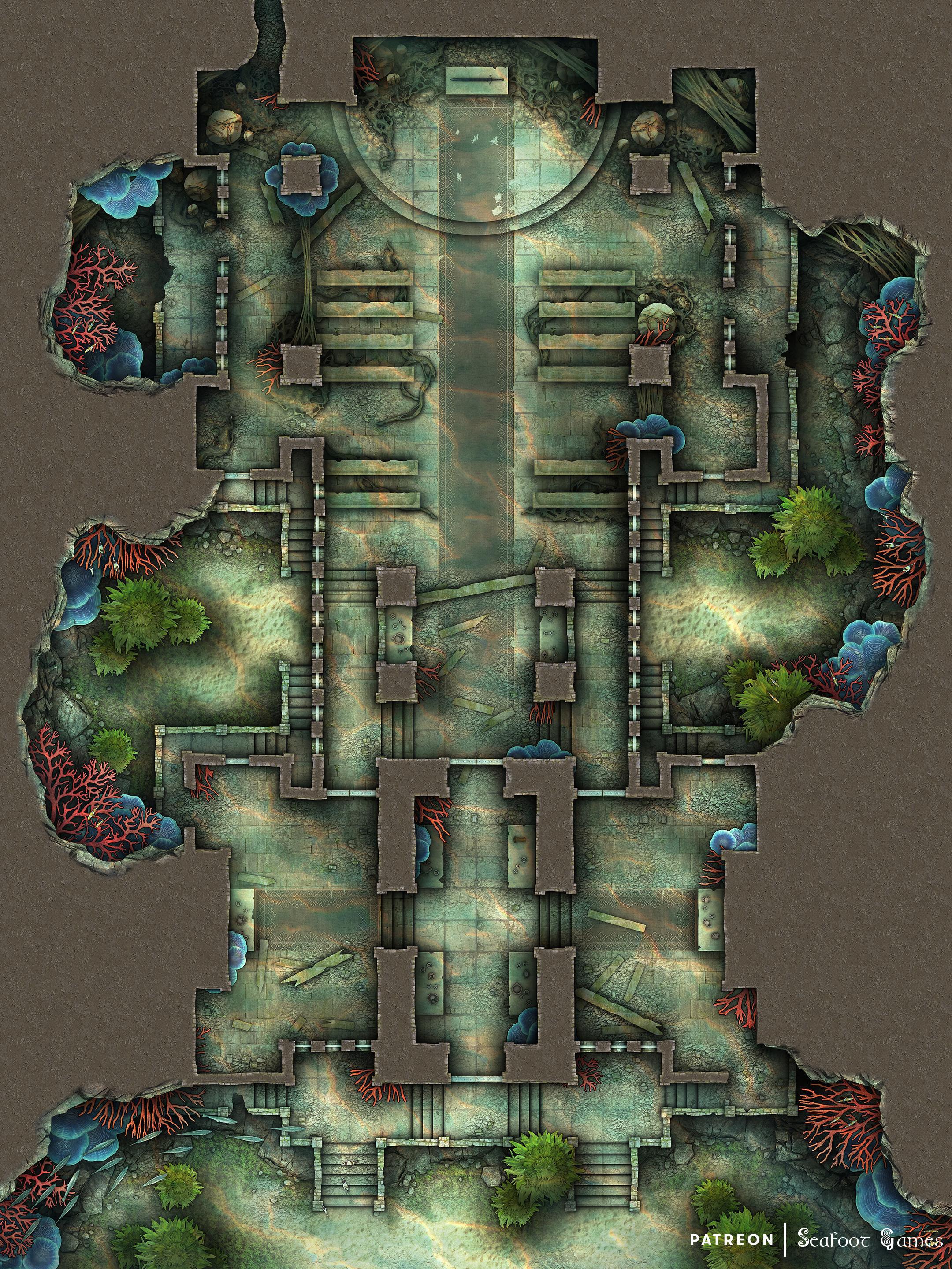 Infested Underwater Temple Ruins Free 40x30 Battlemap & Adventure [OC
