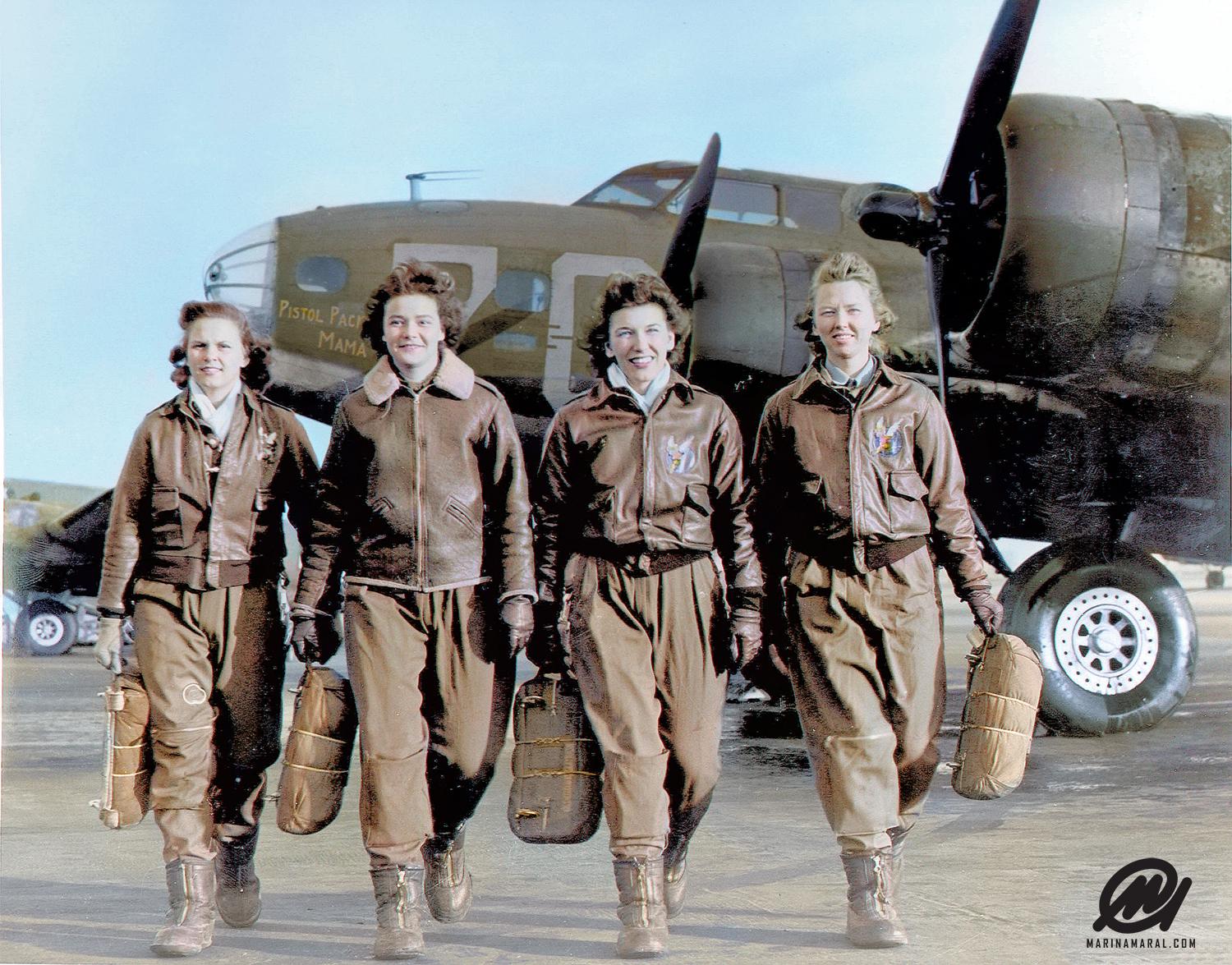 Women's Airforce Service Pilots with their plane Pistol Packin' Mama, a