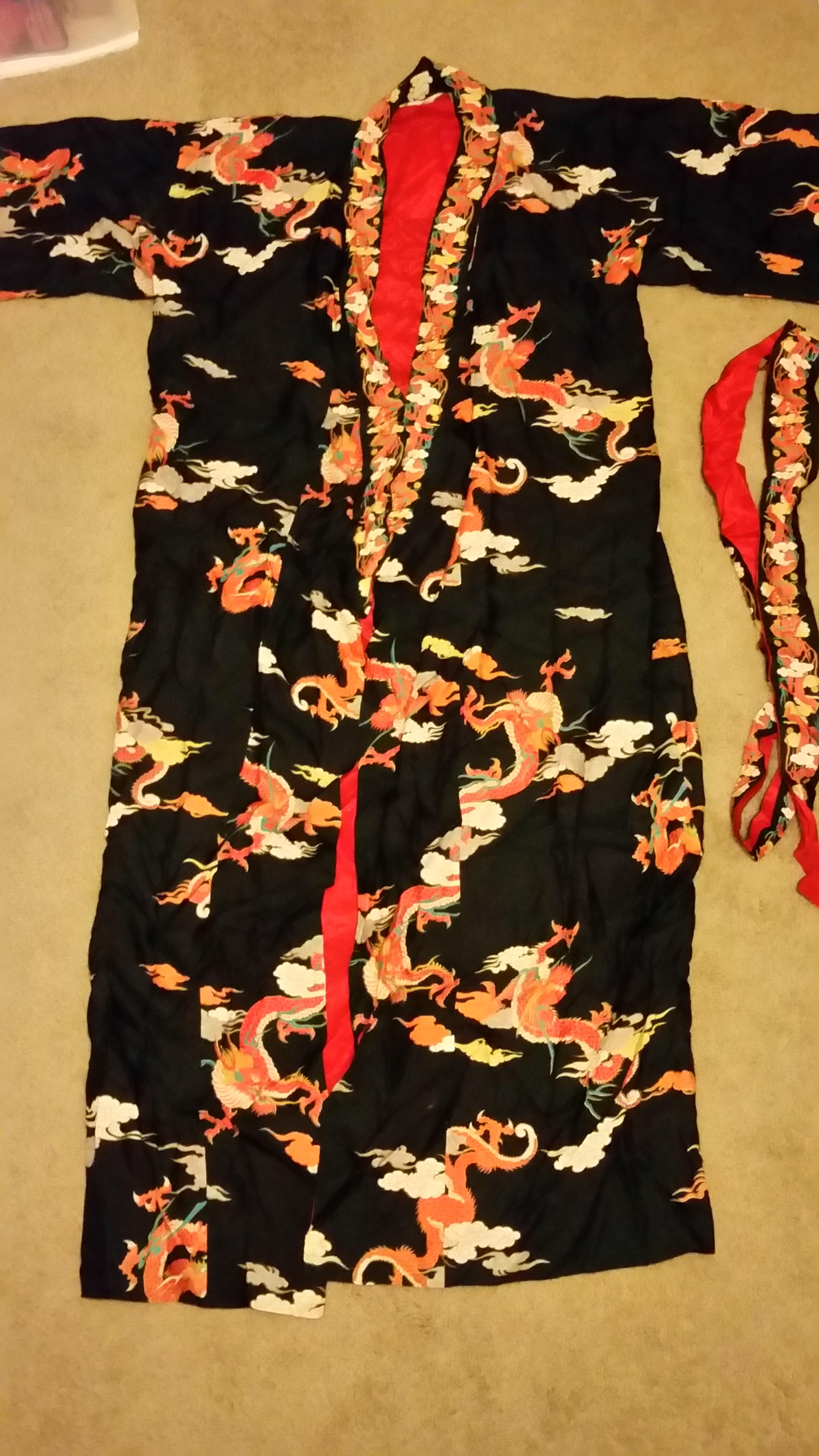A Neiman Marcus 100 silk dragon robe, made in Japan, at Goodwill for