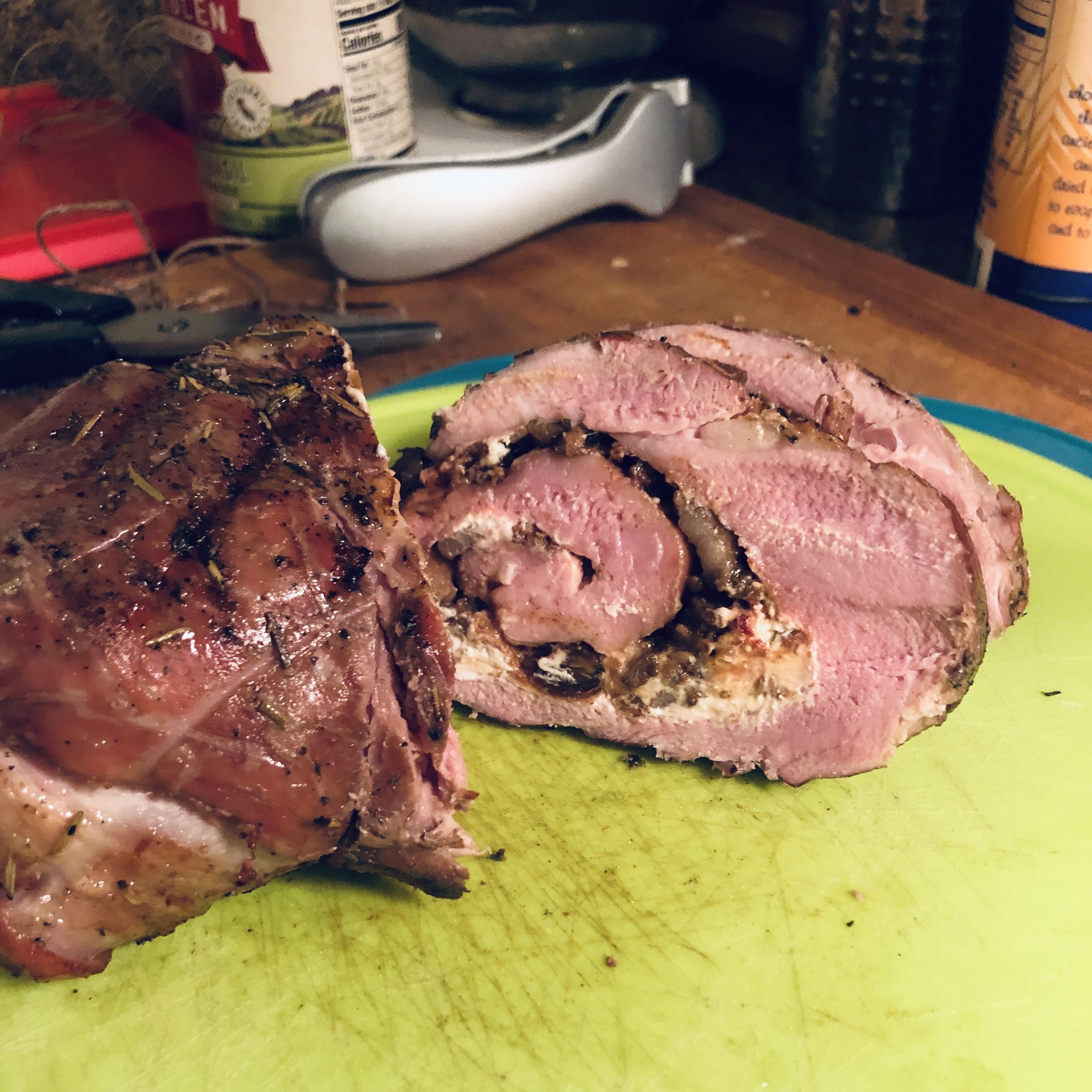 Bacon, date, and goat cheese stuffed pork tenderloin. 2 hr