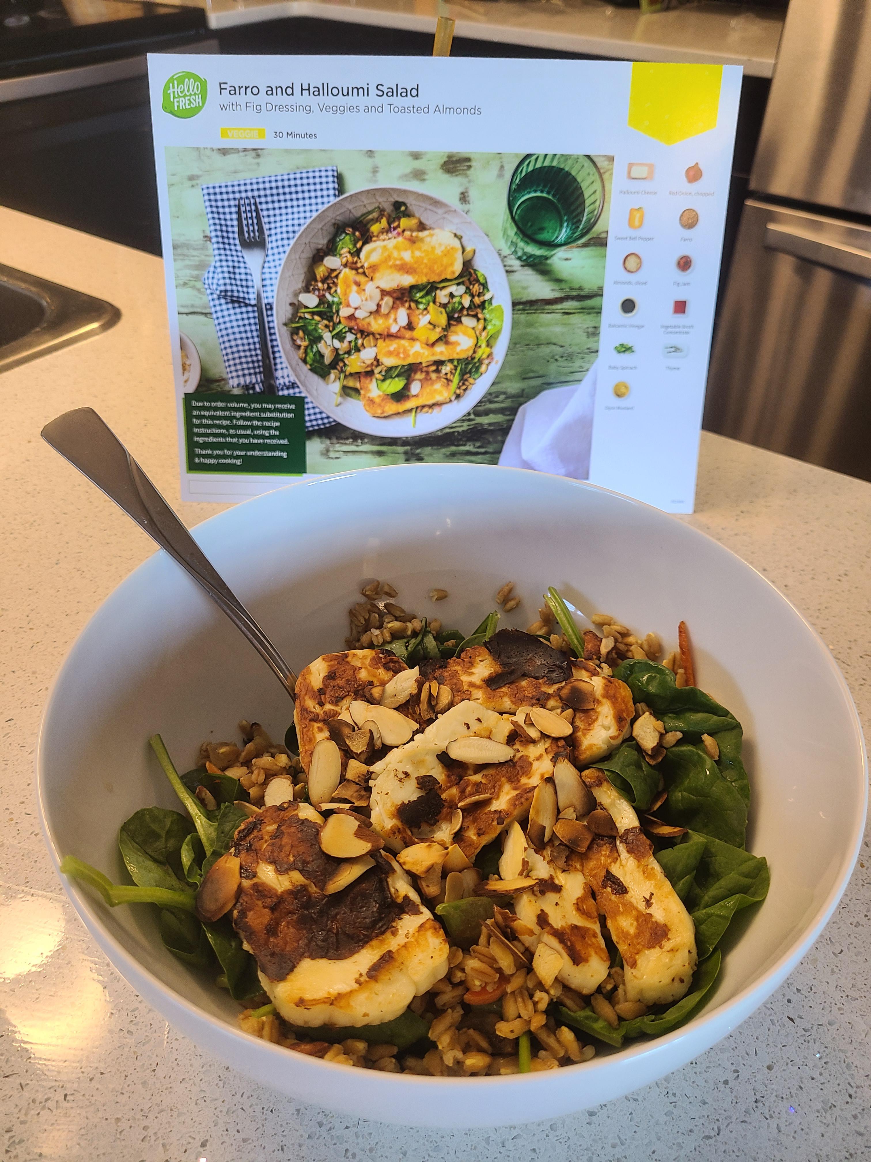 Farro and Halloumi Salad with Fig Dressing, Veggies and Toasted Almonds
