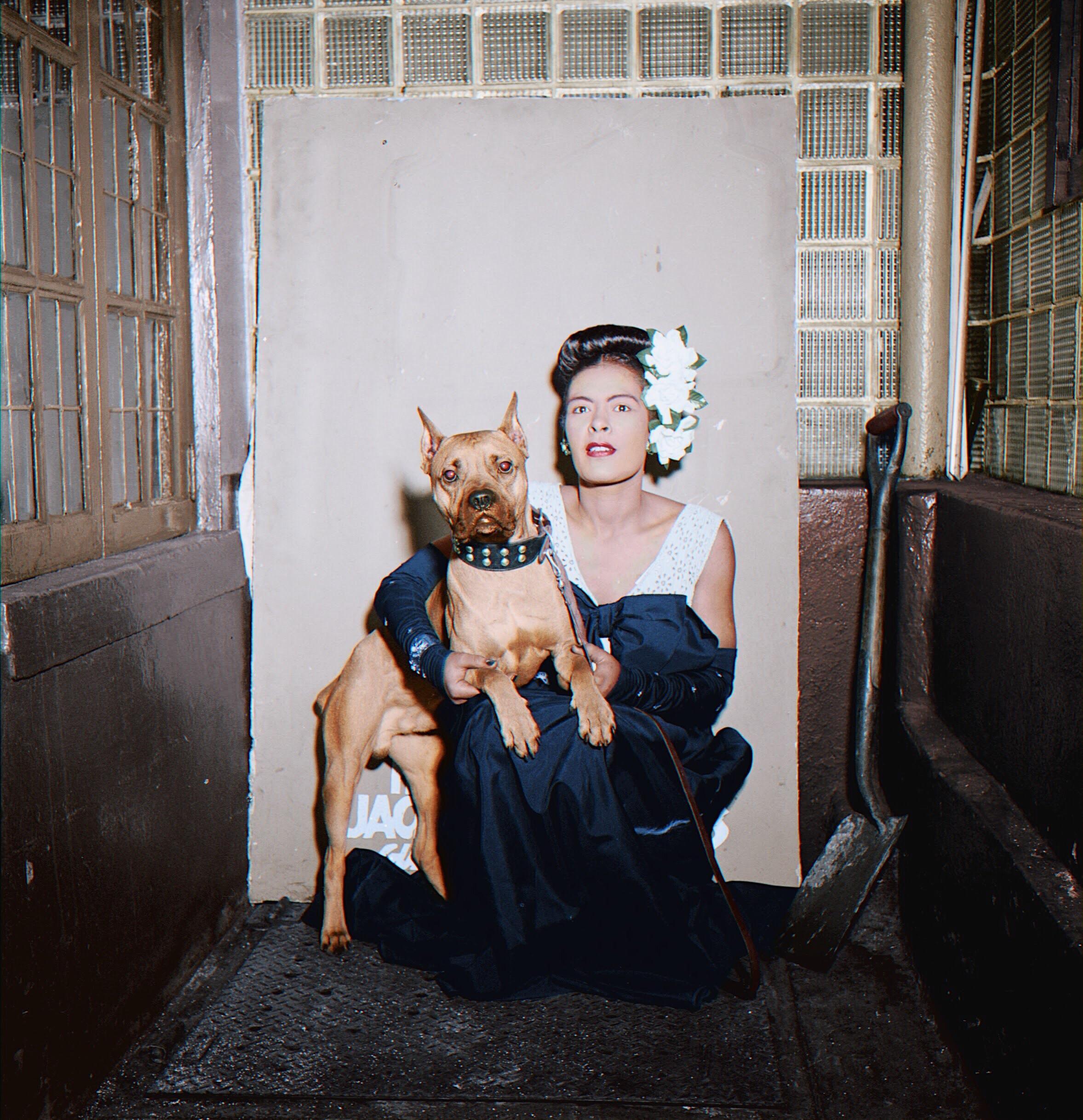 Billie Holiday and her dog, Mister (1947) Colorization