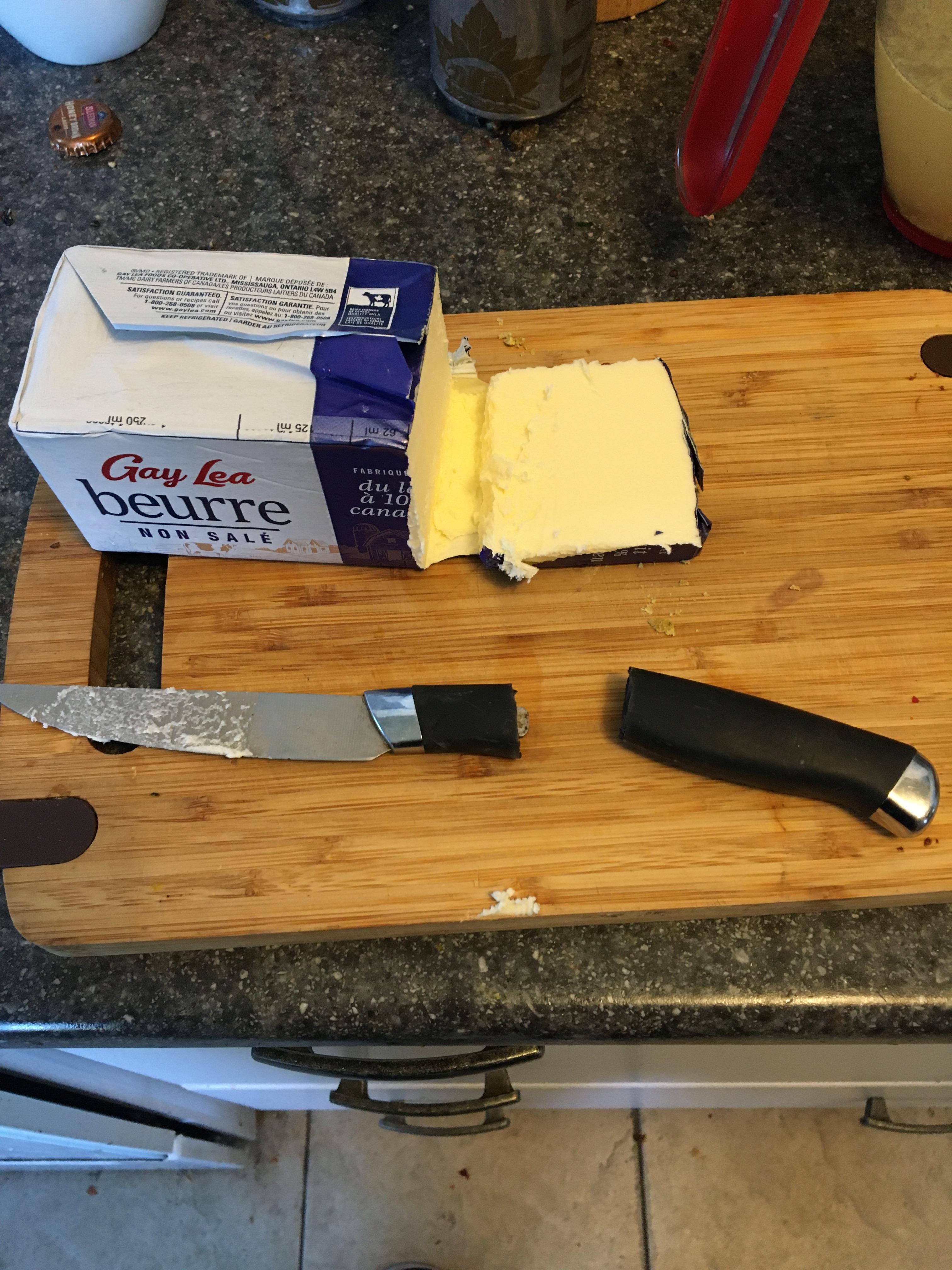 Cold butter + Cheap walmart knife I haven't used in years = Lots of fun