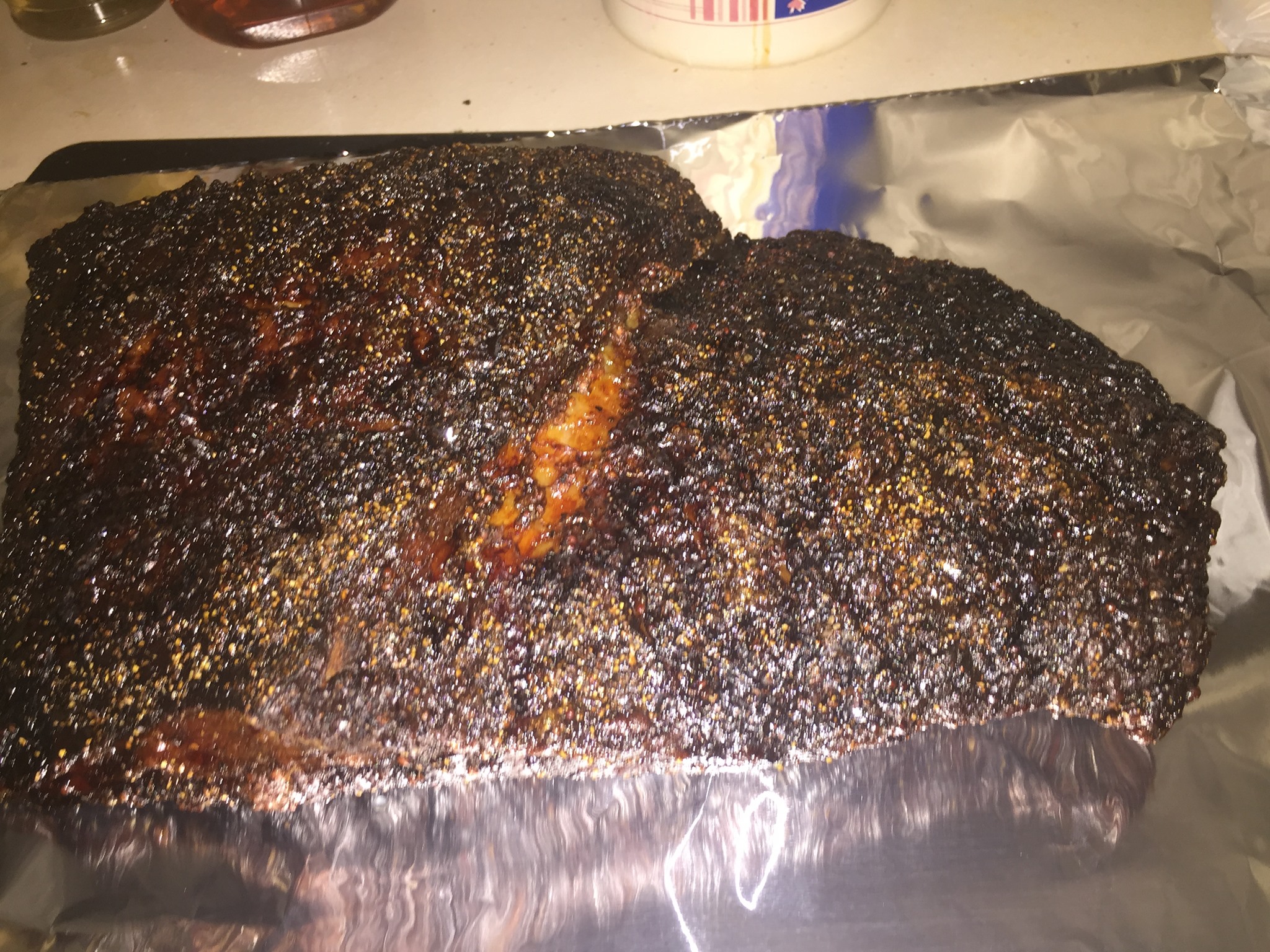 Brisket oven roasted unwrapped at 250 for 12 hrs. Basted in teh last