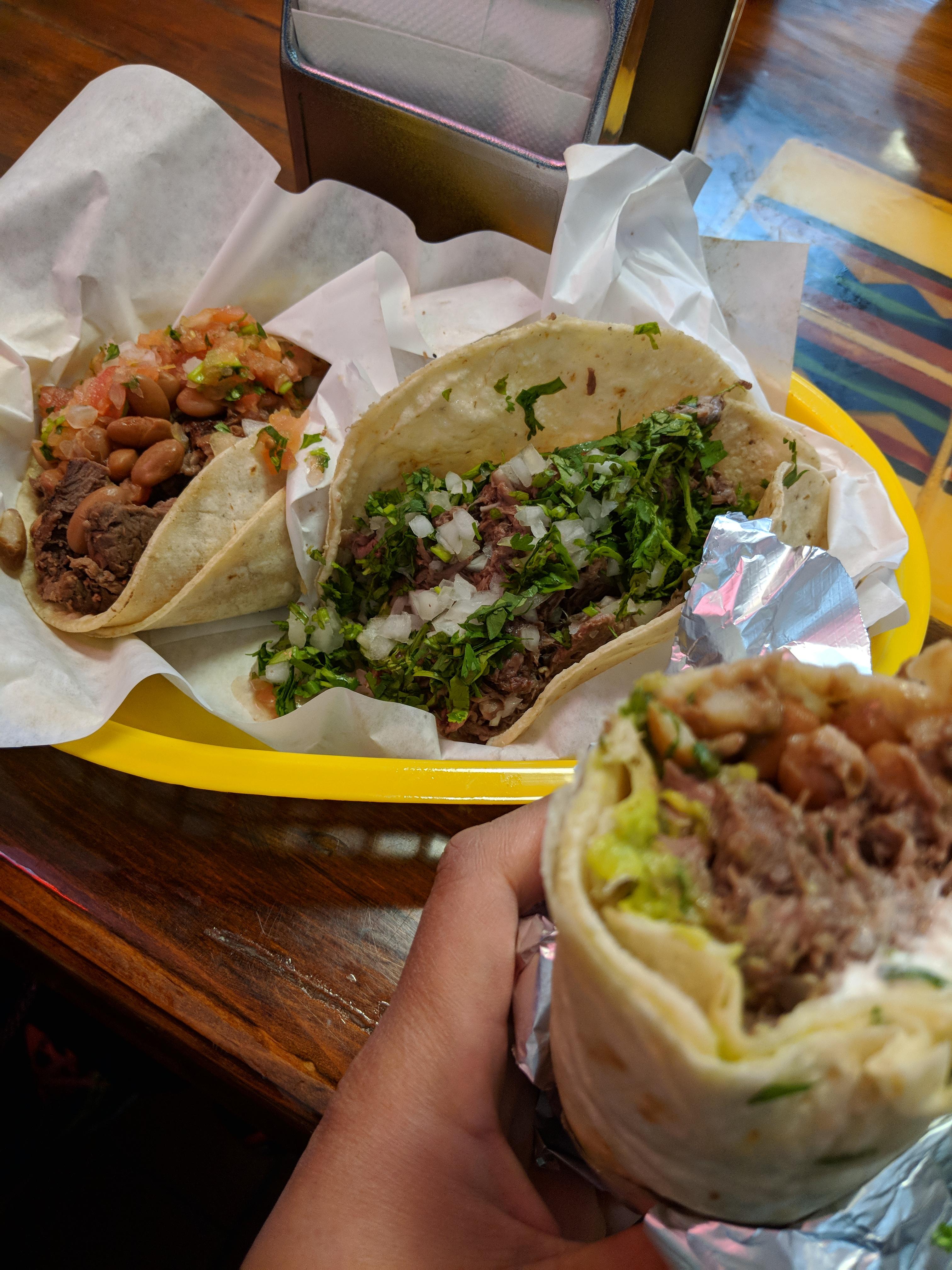 [i ate] a super burrito and tacos (lengua and carne asada) r/food