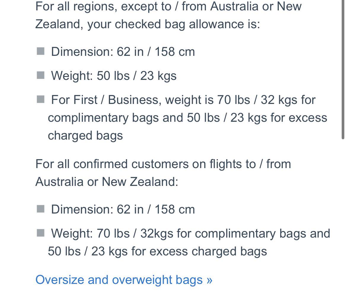 Higher Baggage Weight Allowance for NZ/AU Service r/americanairlines