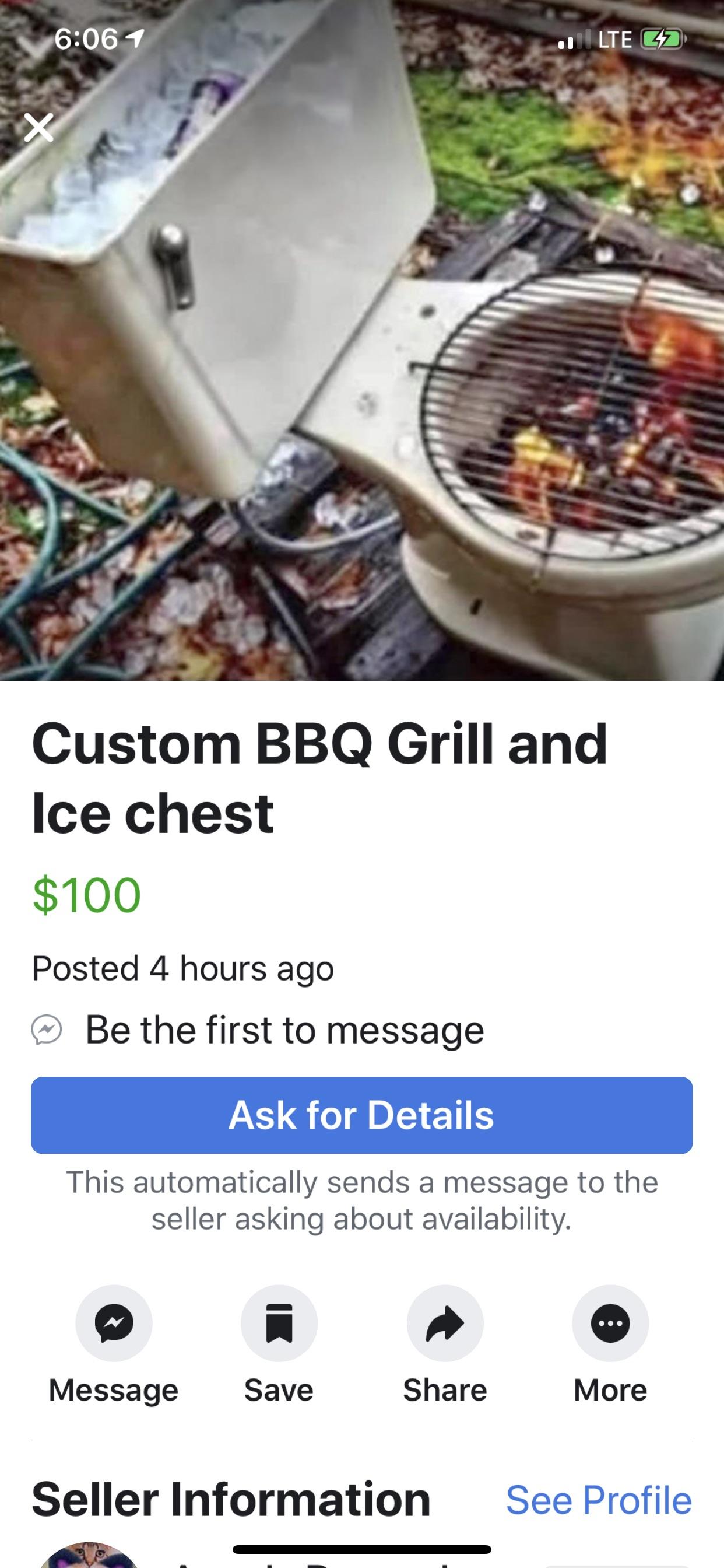 The details say “Custom grill with built in ice chest. Never used