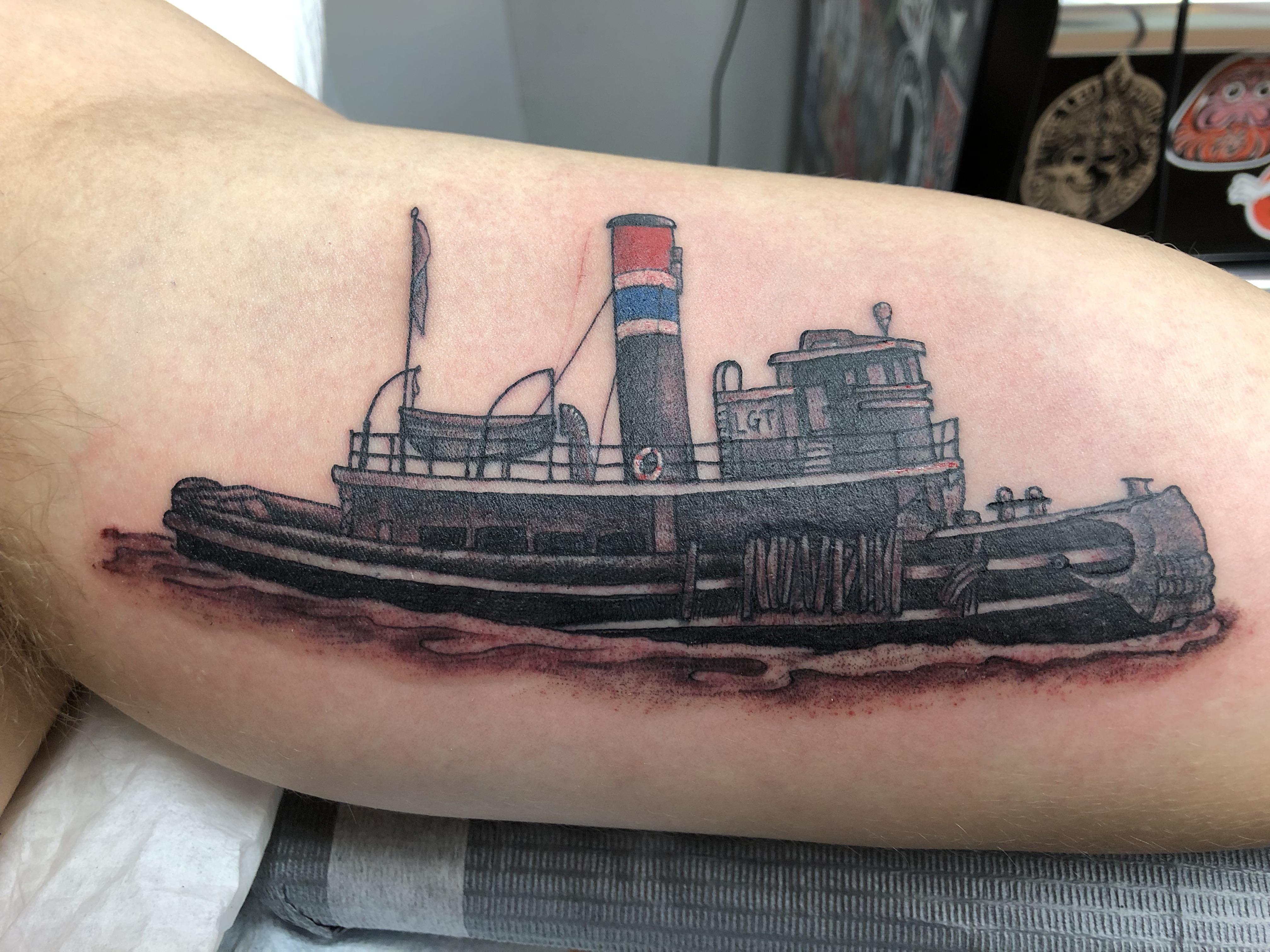 My FIRST tattoo! A tugboat for my grandfather. Done by