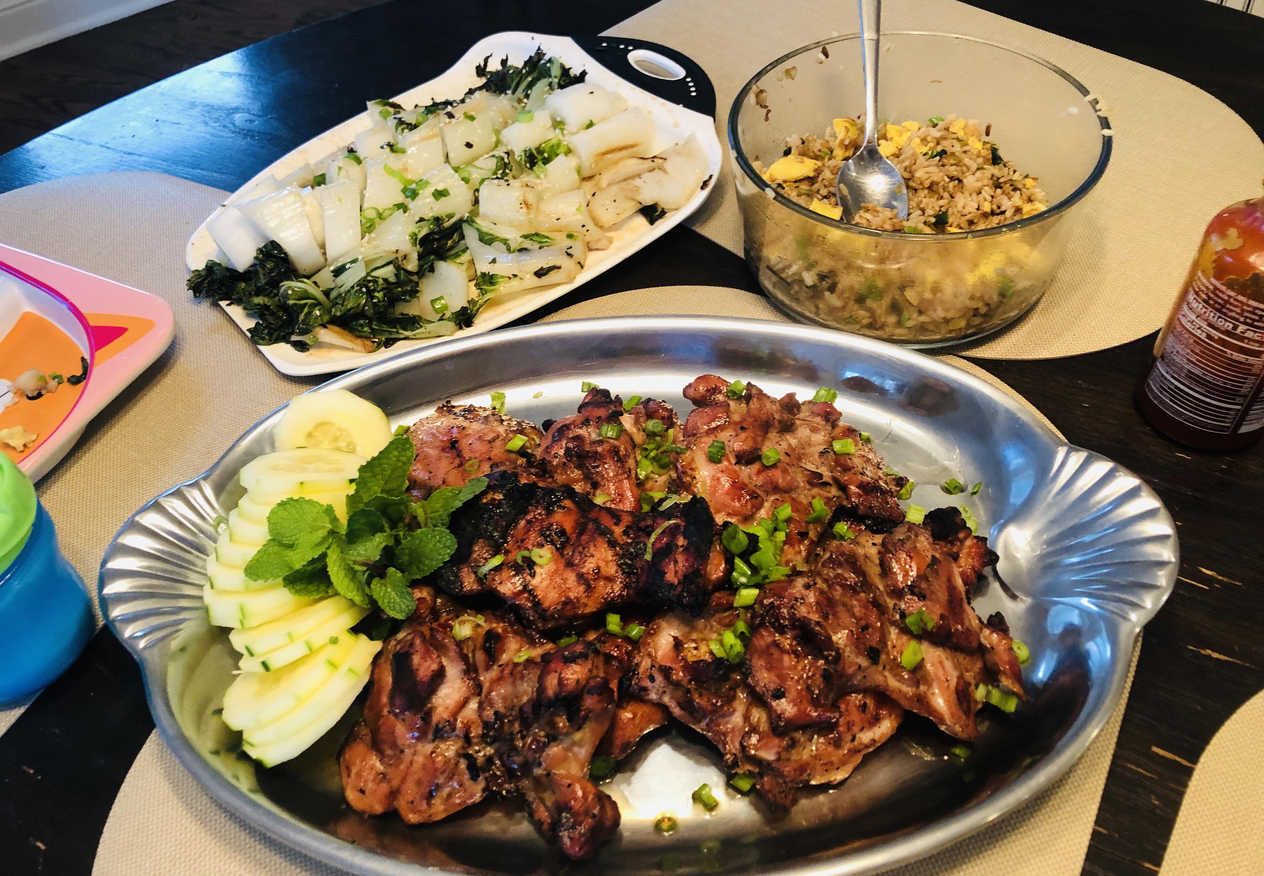 [Homemade] Vietnamese chicken thighs, grilled bok choy and egg fried