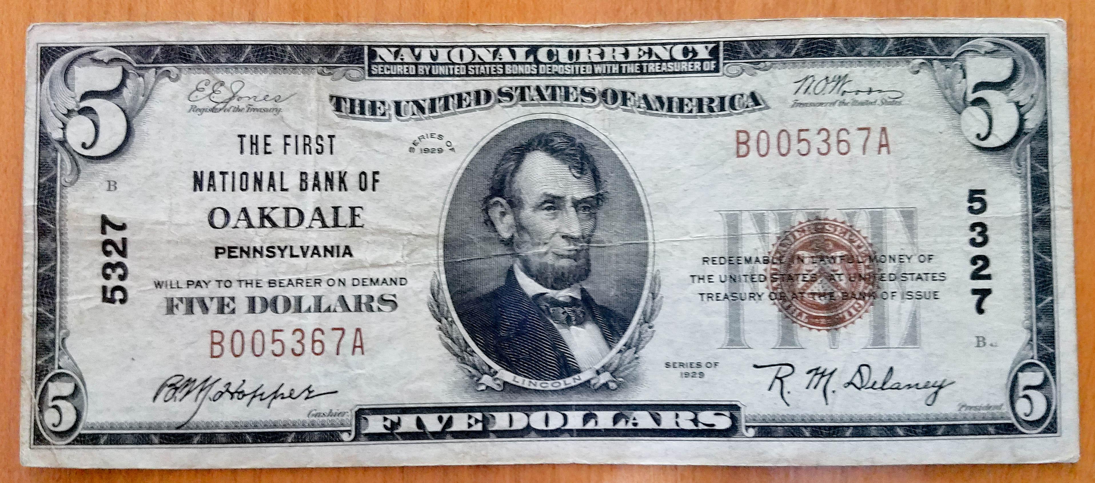 1929 Series 5 National Bank of Oakdale, PA Show & Tell r/papermoney