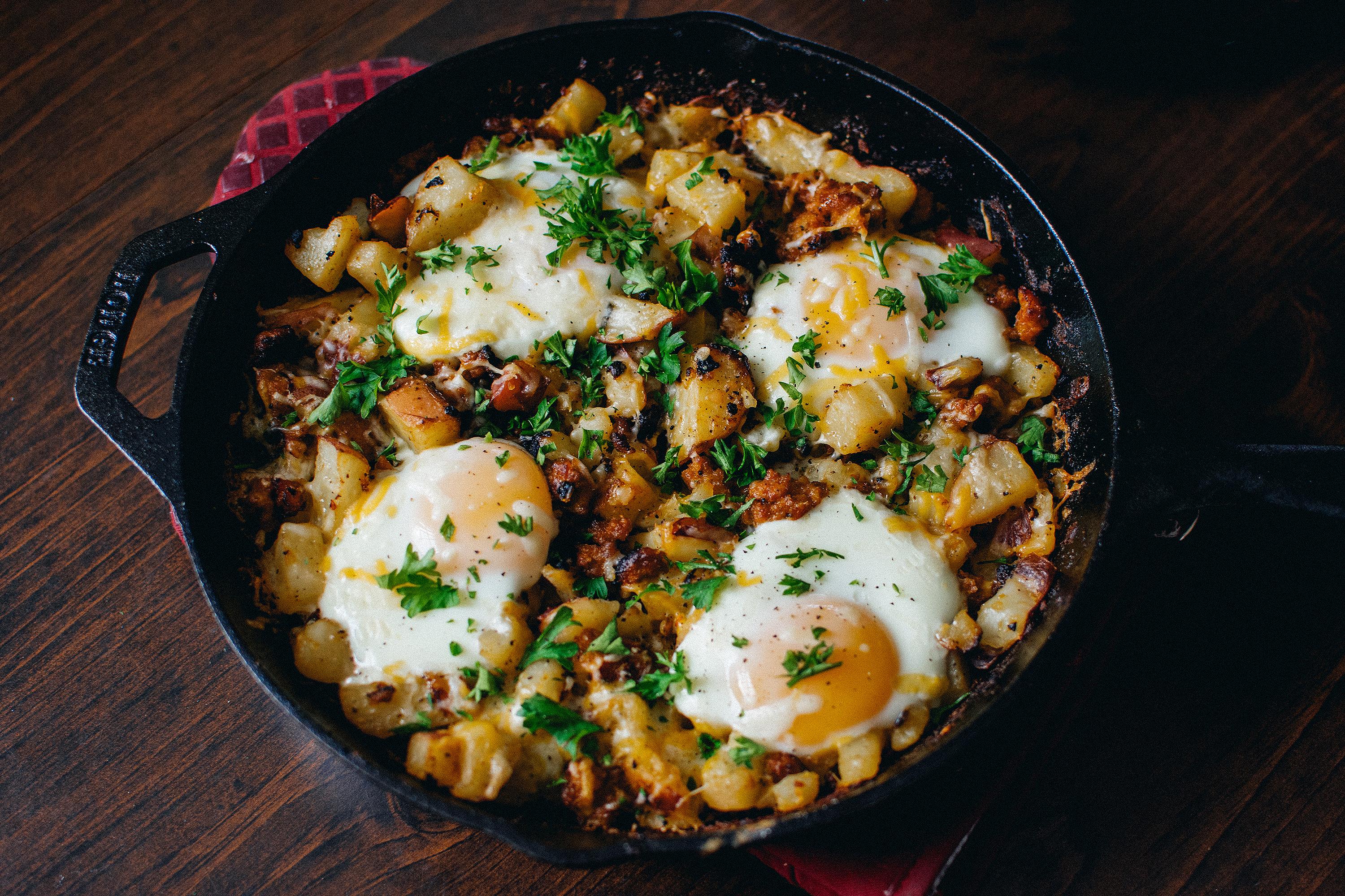 [Homemade] Potato, sausage, rosemary, and egg breakfast skillet topped