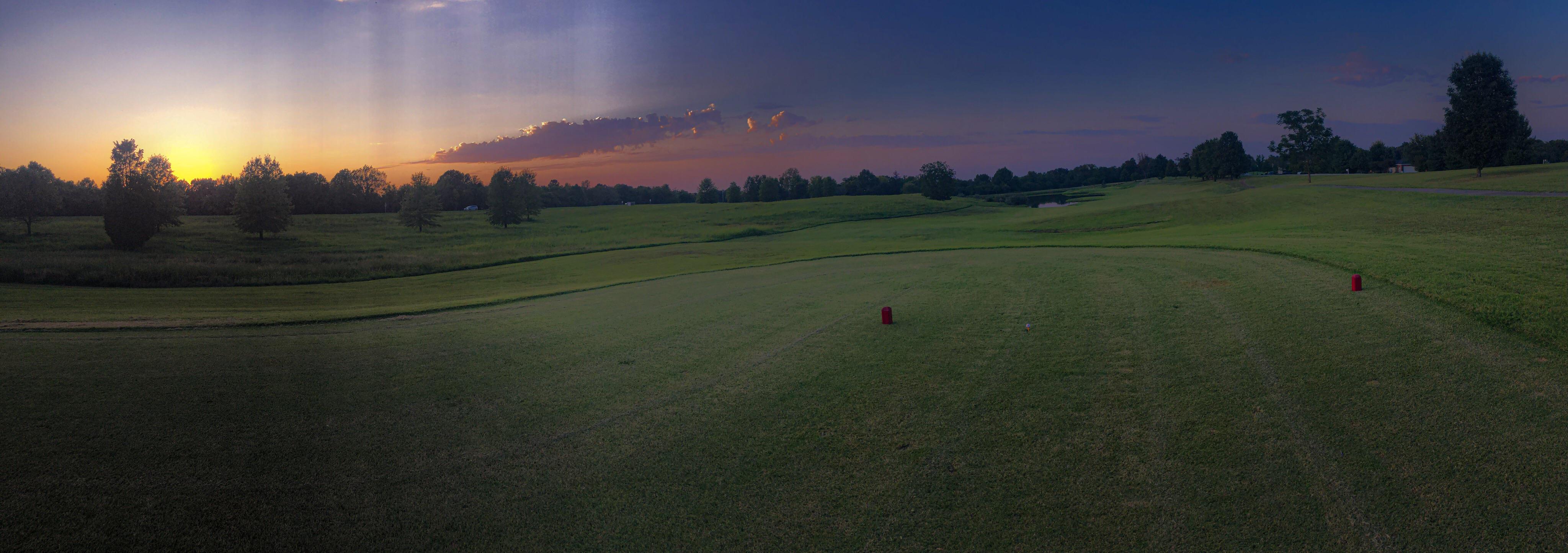Golf course tee box panorama at sunset r/photocritique