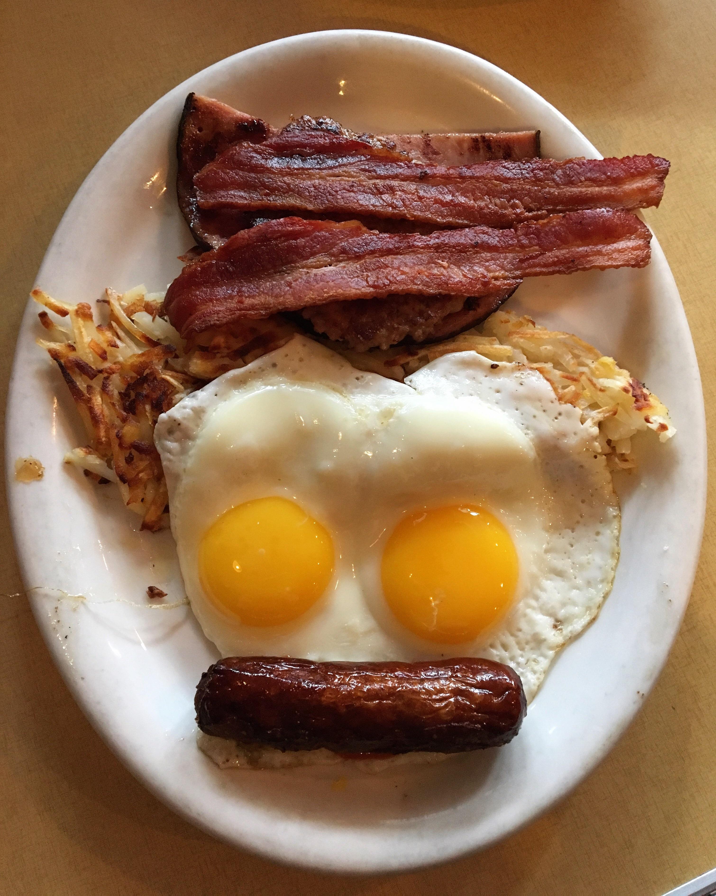The Ron Swanson. Two sunny up eggs, sausage link, sausage patty, bacon