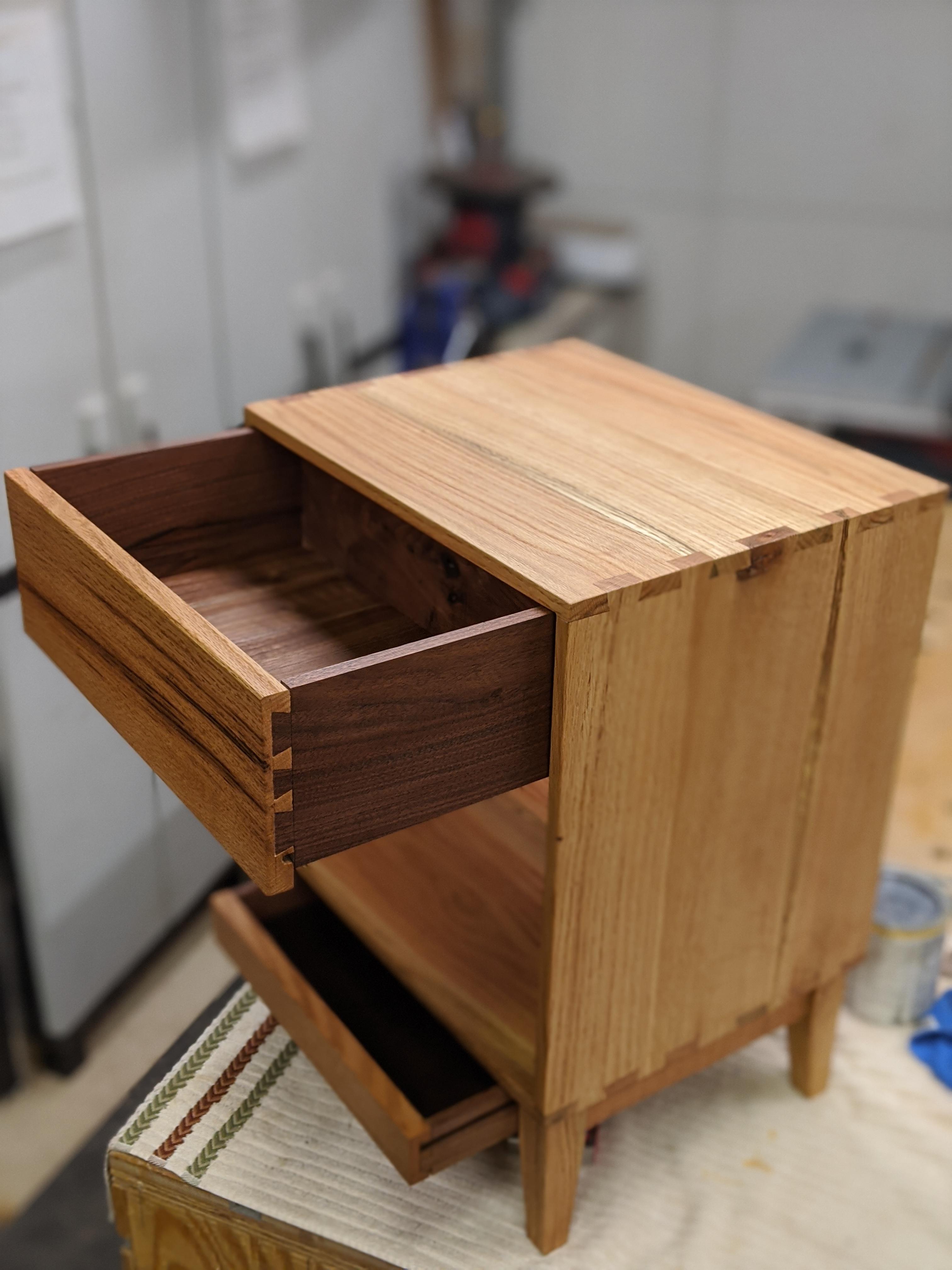 Dovetail Red Oak Nightstand w/ Walnut Main drawer (bonus hidden drawer