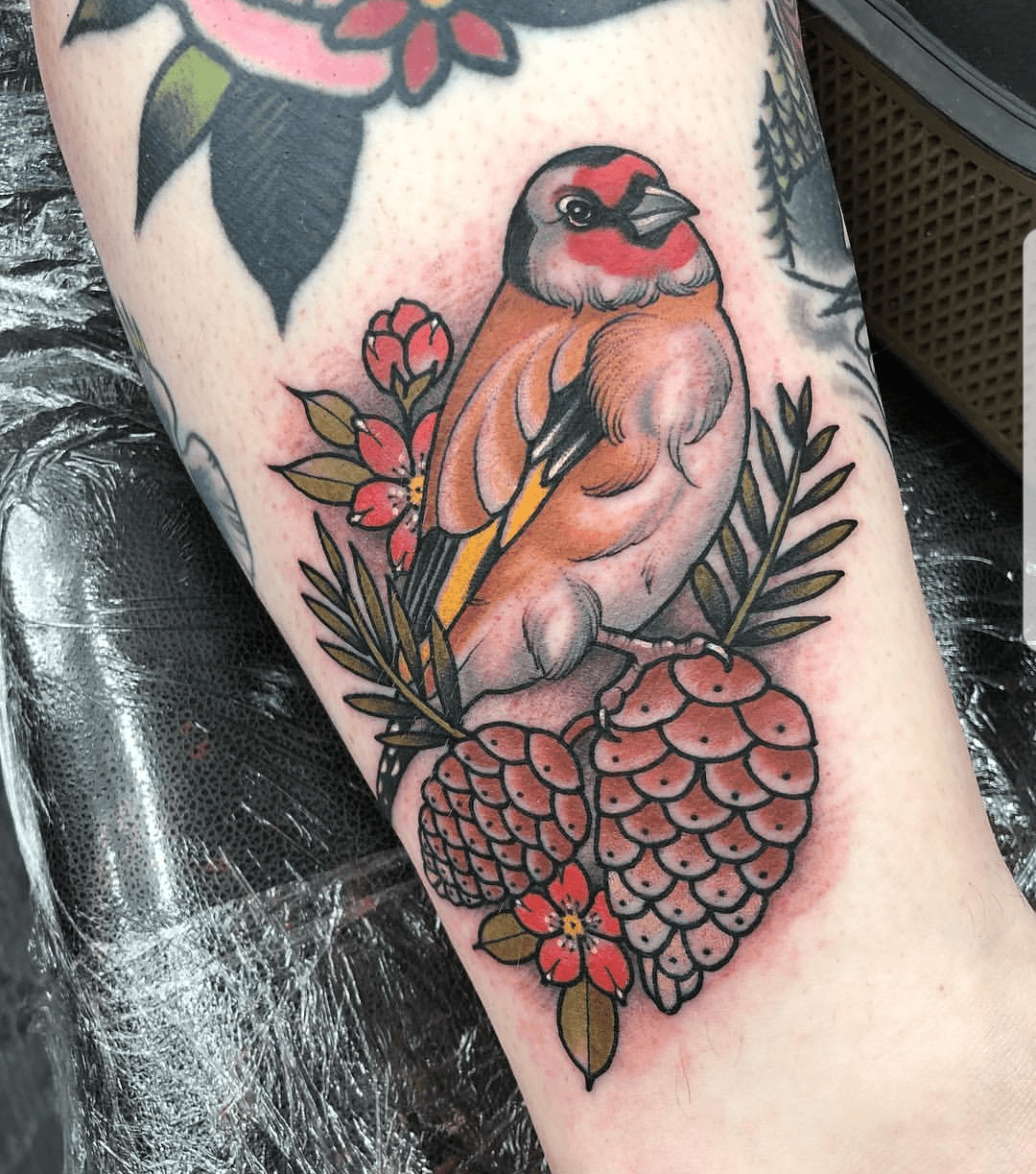 Goldfinch tattoo by Sadee Glover whilst guesting at Dock