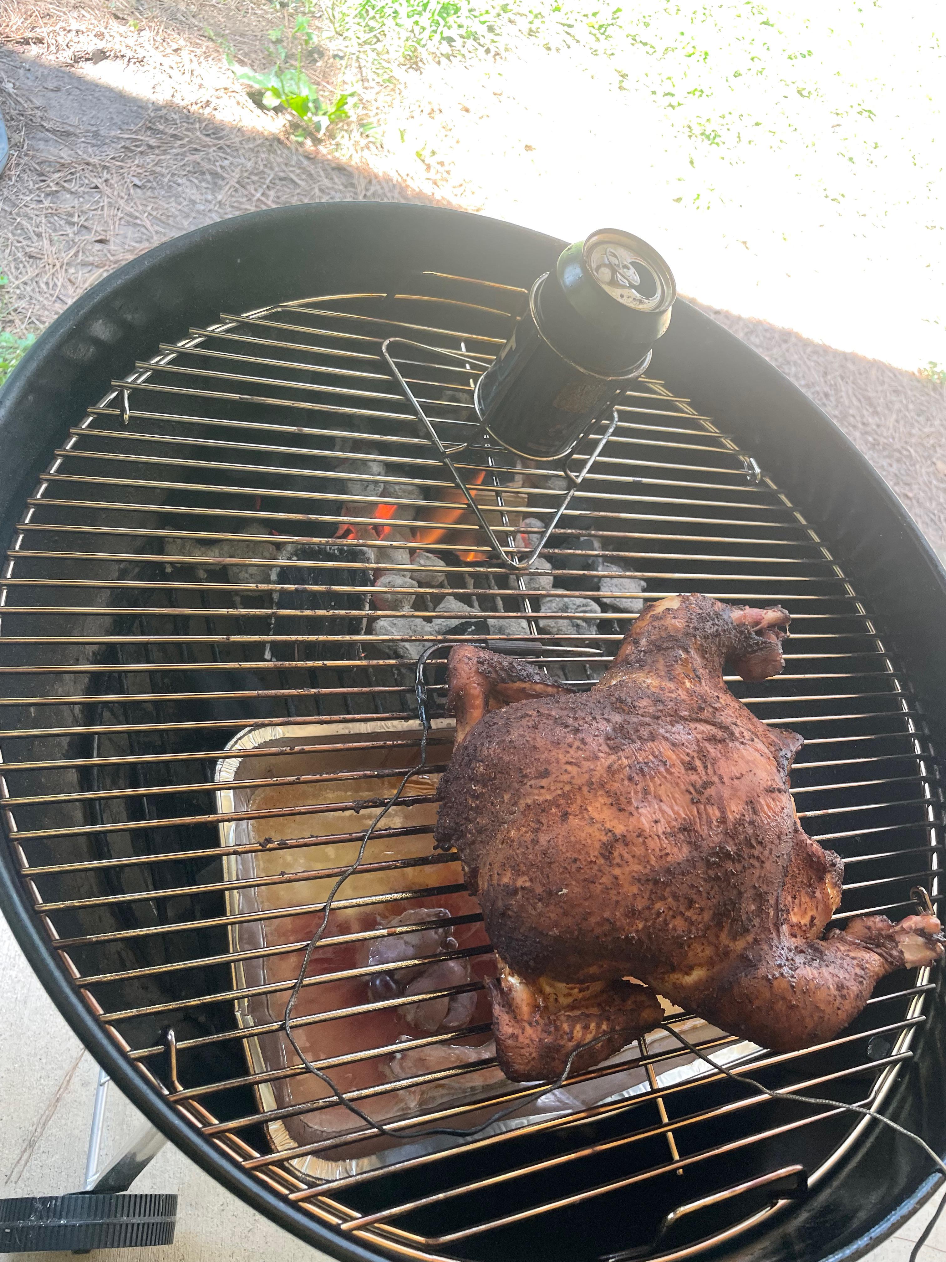 Beer Can Chicken… almost 😅 too tall for kettle I found out lol. Oh well