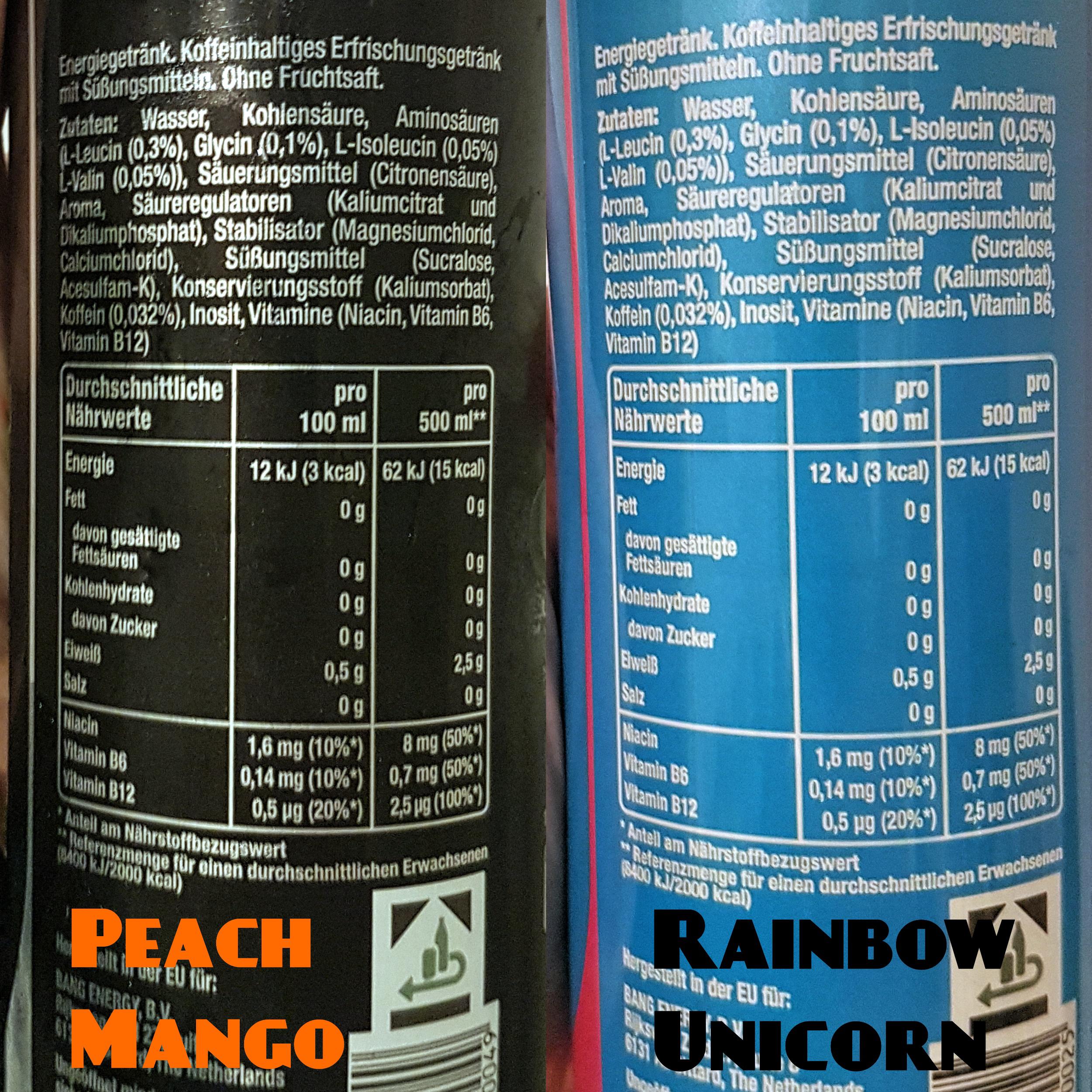 GERMAN Ingredients of Bang Energy "Rainbow Unicorn" & "Peach Mango