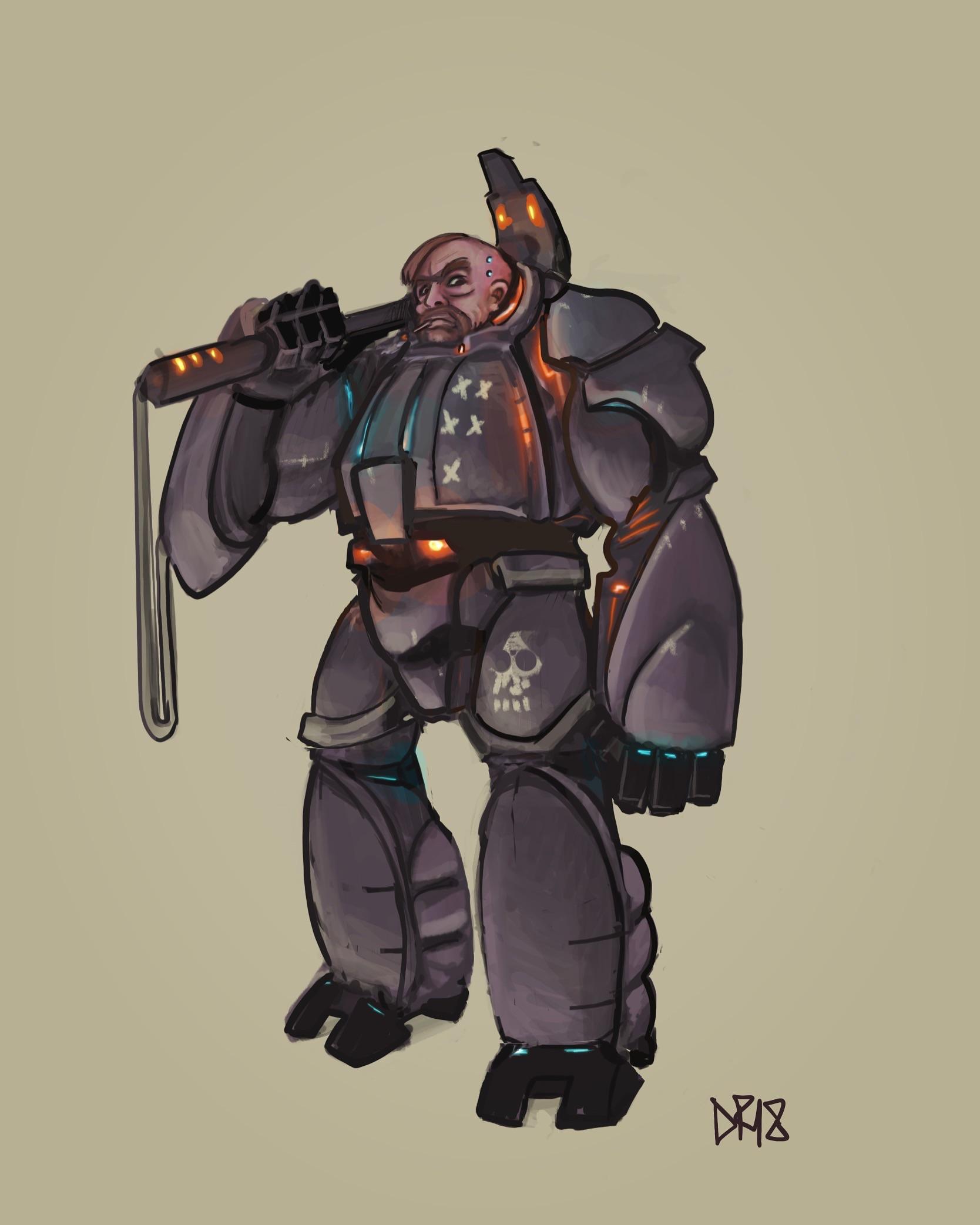[OC] [Art] Human Soldier in Powered Armor with Meteoric Hammer r/starfinder_rpg